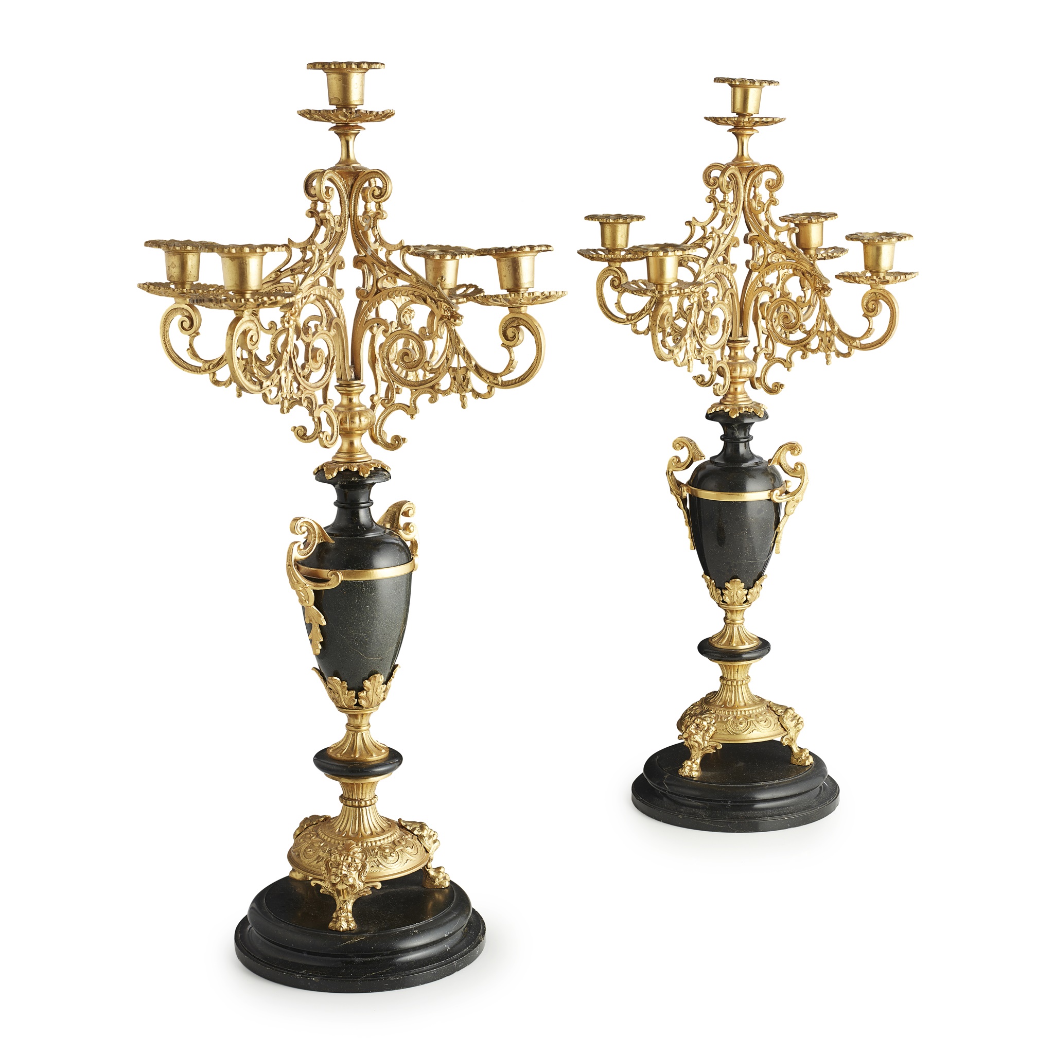 PAIR OF FRENCH GILT BRONZE AND MARBLE CANDELABRA
