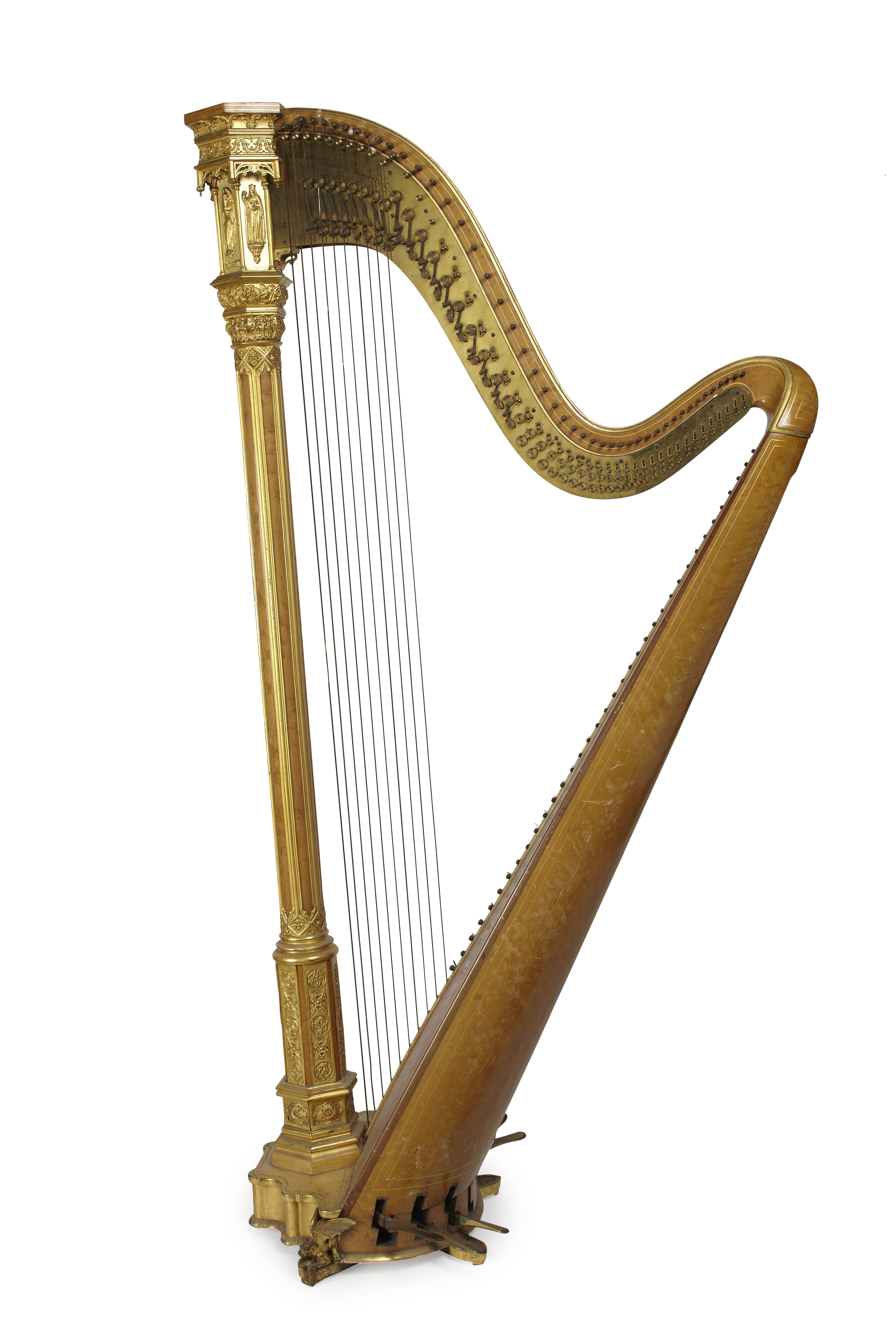 BURR MAPLE AND GILT COMPOSITION HARP BY SEBASTIAN AND PIERRE ERARD