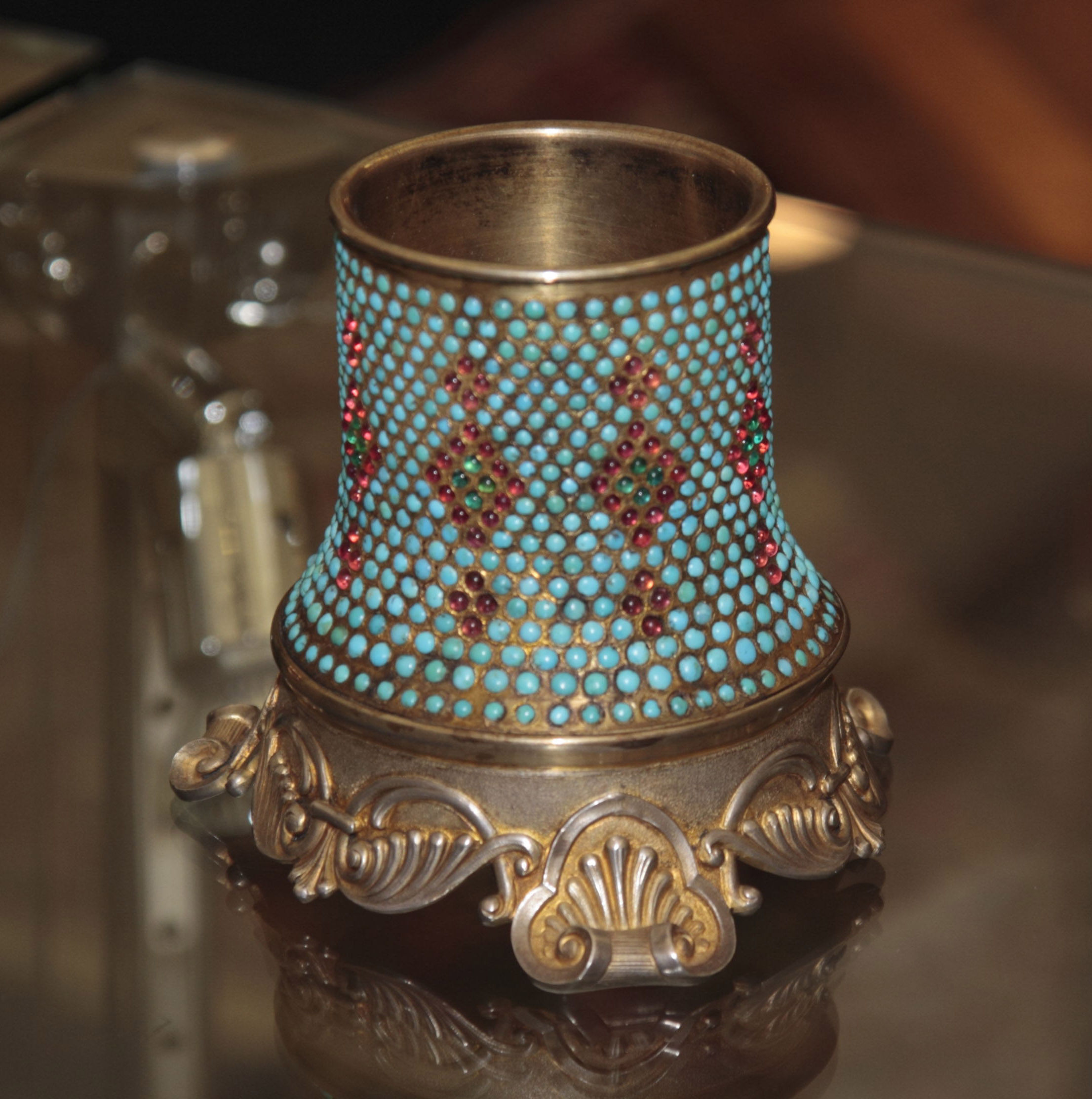 A Russian silver-gilt turquoise set vase holder Possibly Moscow 1899-1908