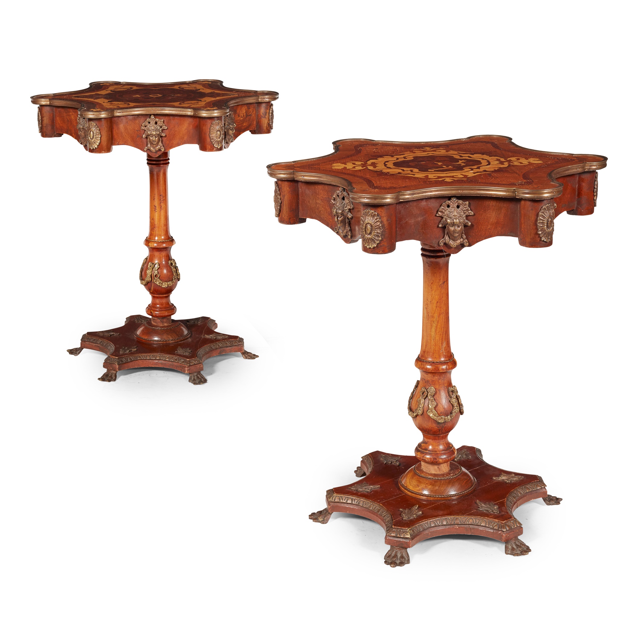 PAIR OF CONTINENTAL KINGWOOD, MARQUETRY, BRASS MOUNTED OCCASIONAL TABLES