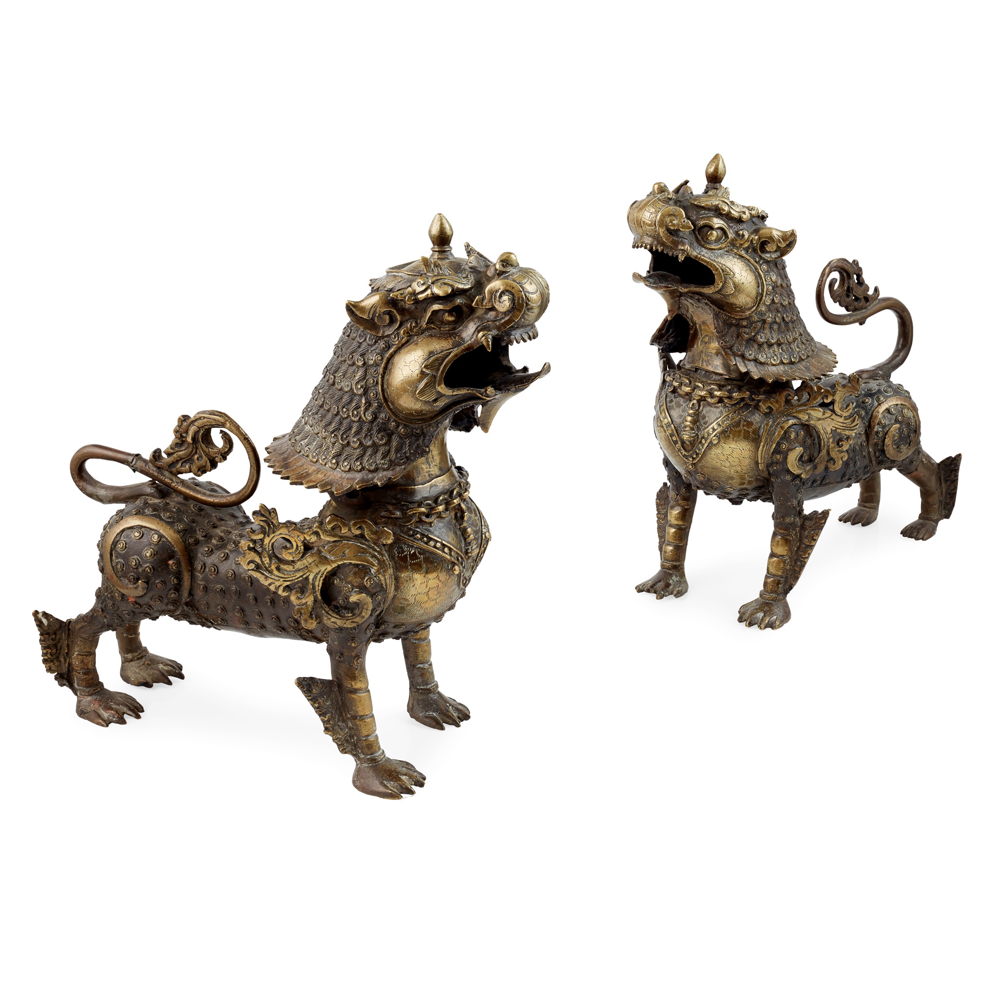 PAIR OF BRONZE TIBETAN LION CENSERS