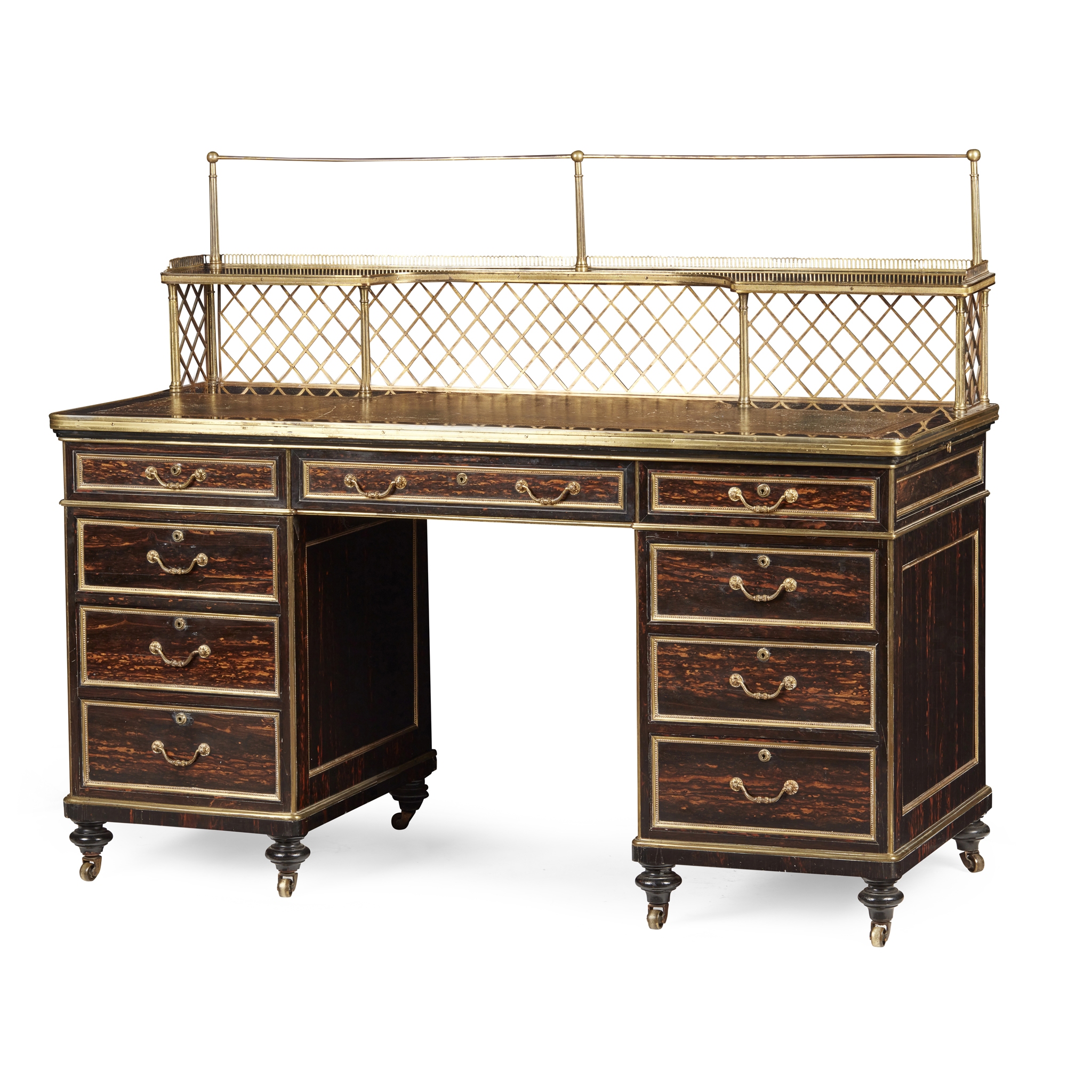 EARLY VICTORIAN COROMANDEL AND BRASS PEDESTAL DESK