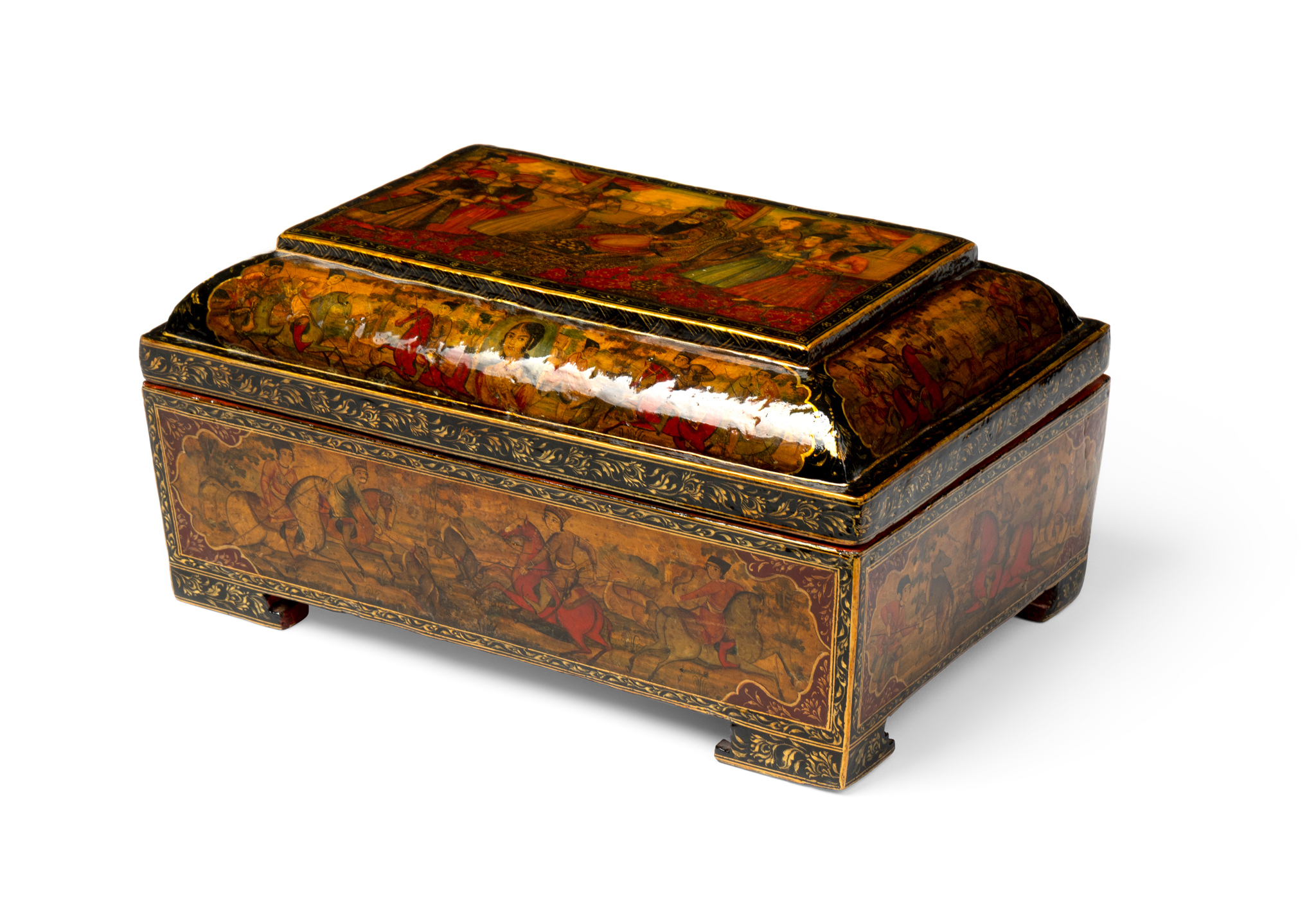 A QAJAR LACQUER PAPIER MACHE LIDDED BOX WITH FATH ALI SHAH