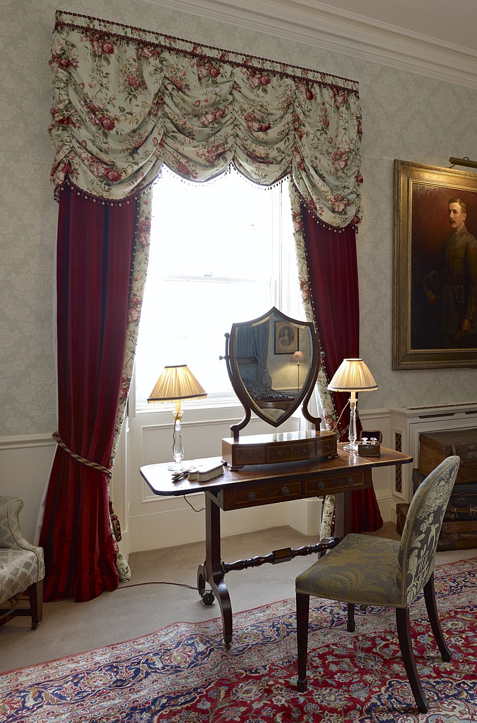 TWO PAIRS OF BURGUNDY VELVET CURTAINS