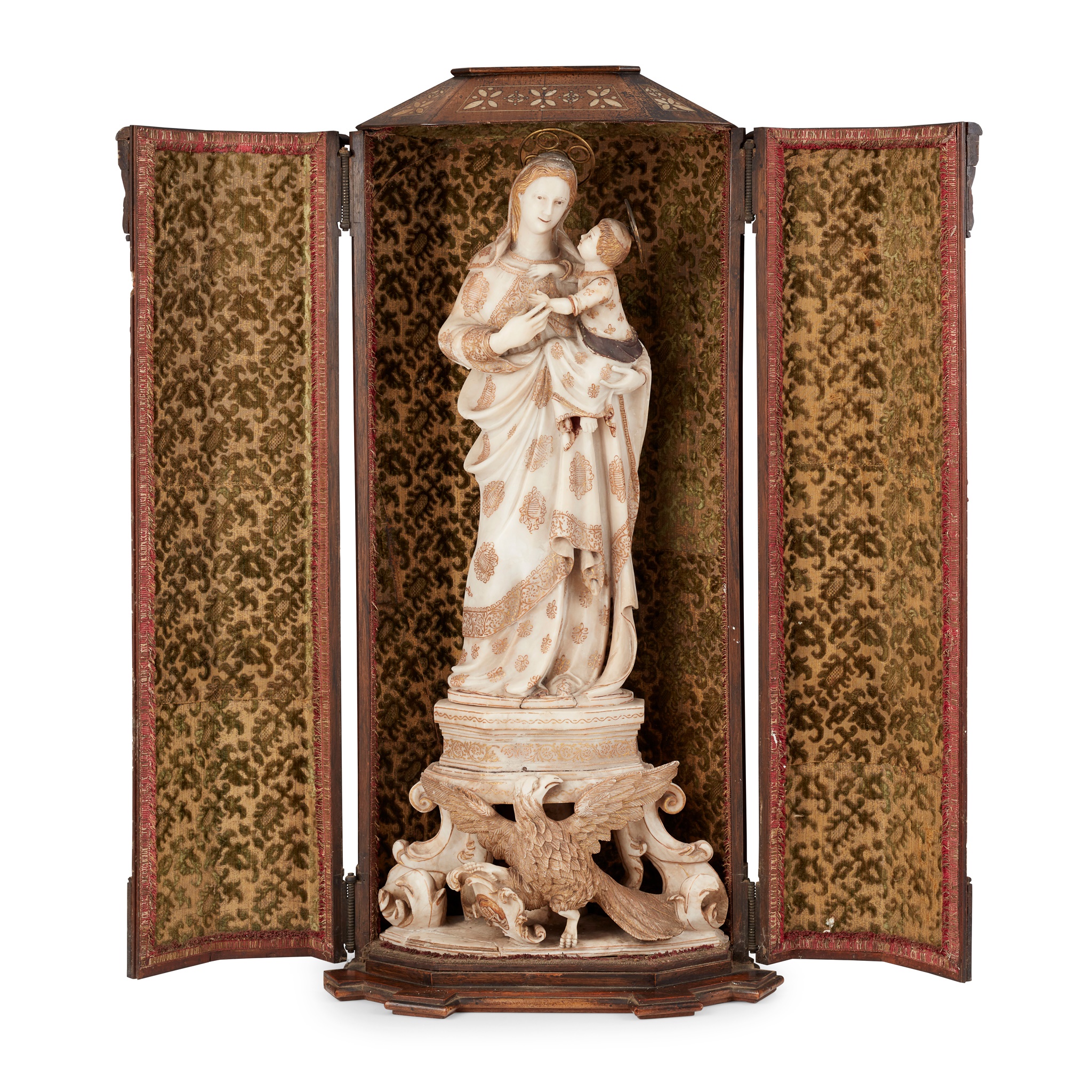 INDO-PORTUGUESE GILT ALABASTER FIGURE OF THE MADONNA AND CHILD