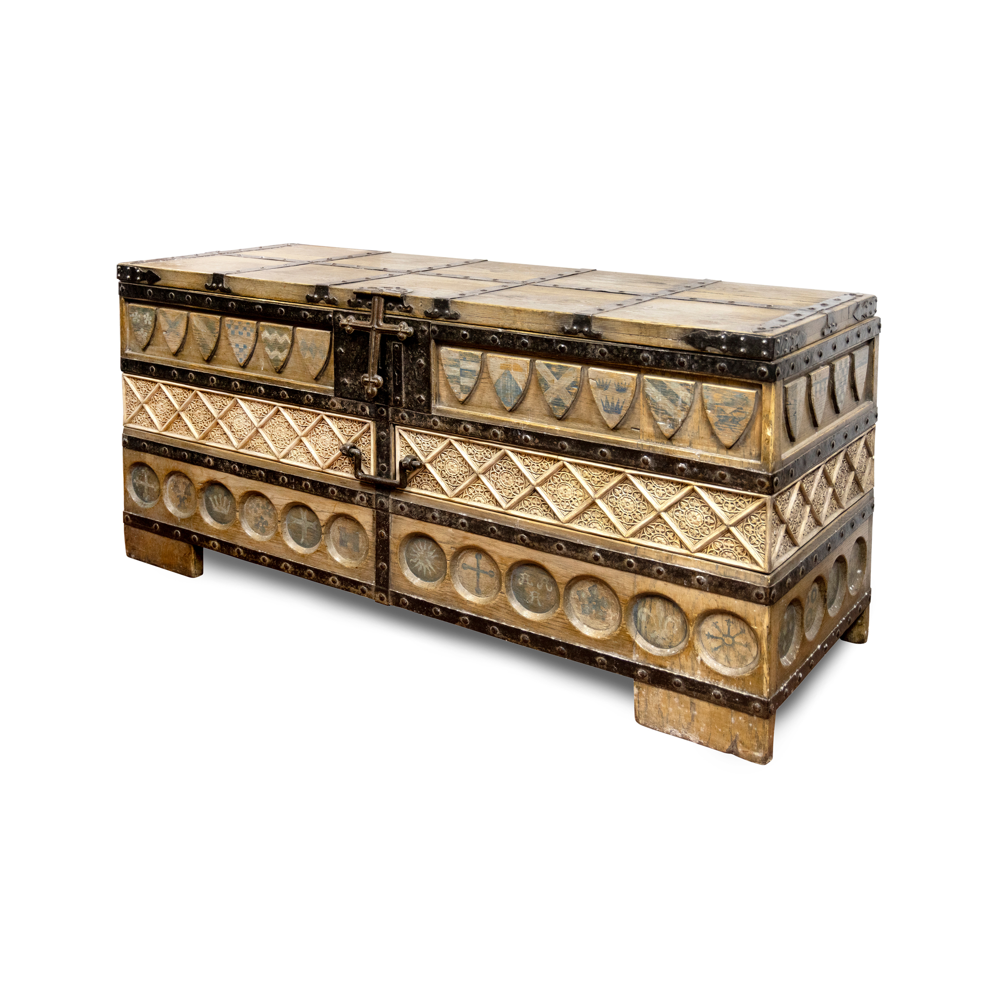 AN OAK AND IRON-BOUND CHEST