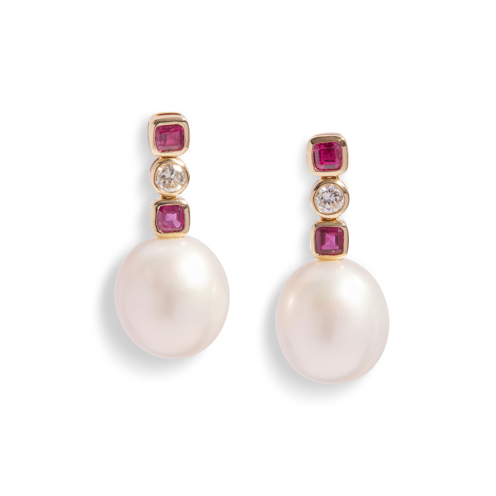 A pair of 14ct gold ruby, diamond and pearl earrings