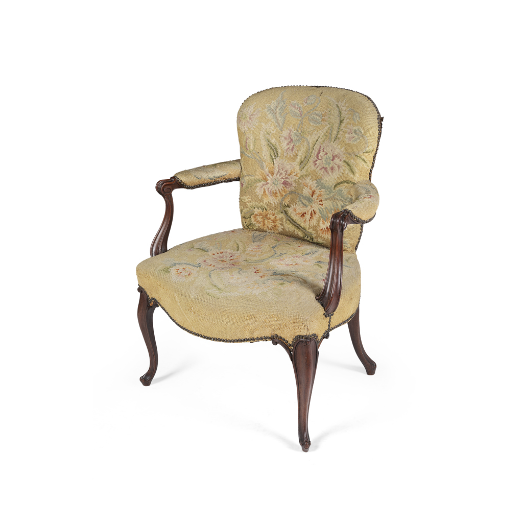 LATE GEORGE III MAHOGANY 'FRENCH HEPPLEWHITE' ARMCHAIR