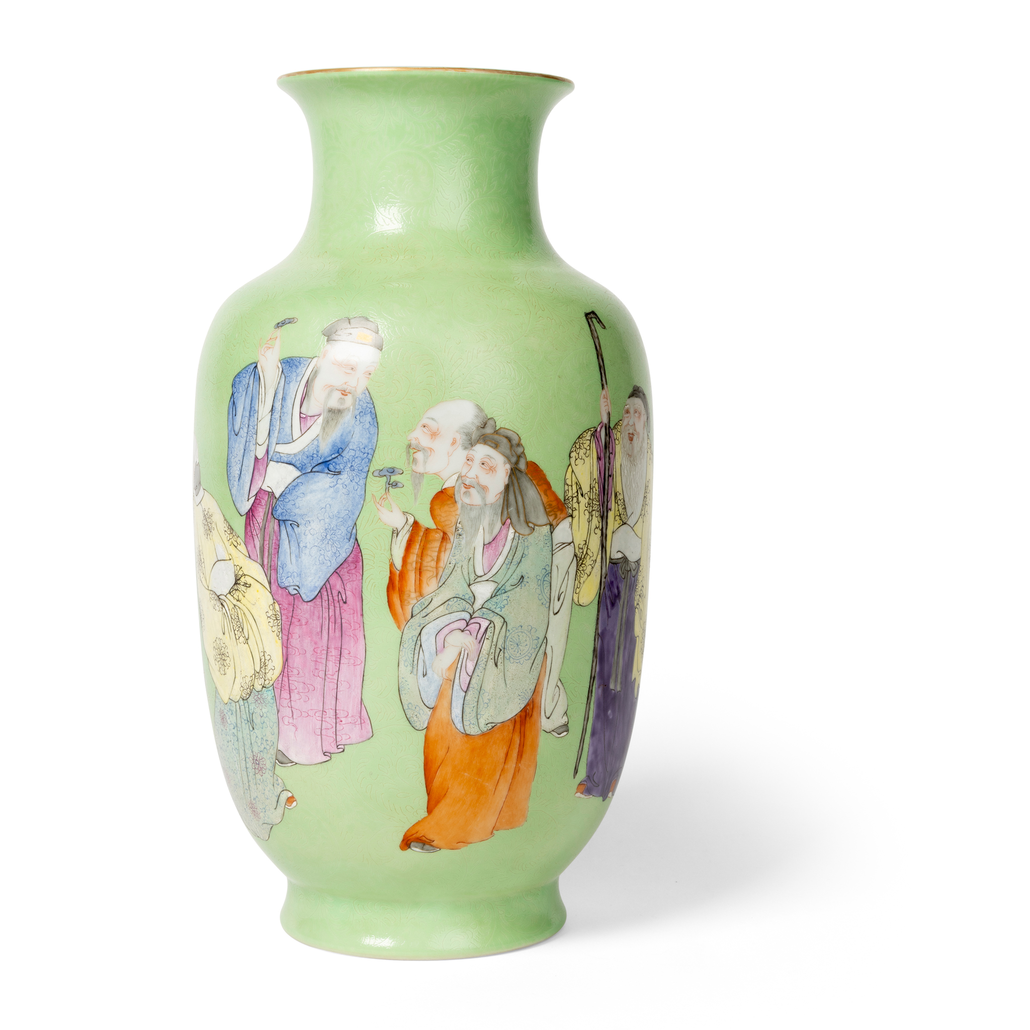 CHINESE LIME-GREEN-GROUND FAMILLE ROSE SGRAFFITO 'IMMORTALS' VASE
