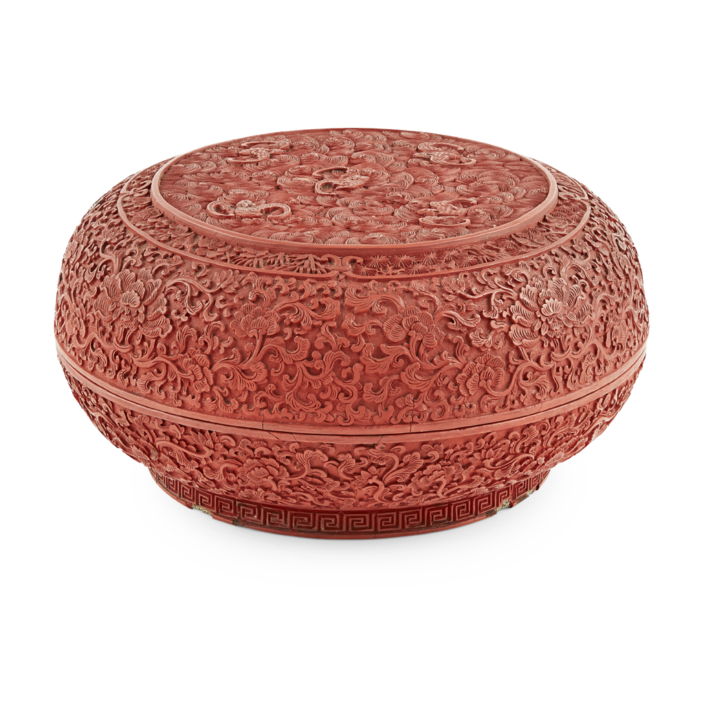 CINNABAR LACQUER 'FIVE BATS' CIRCULAR BOX AND COVER