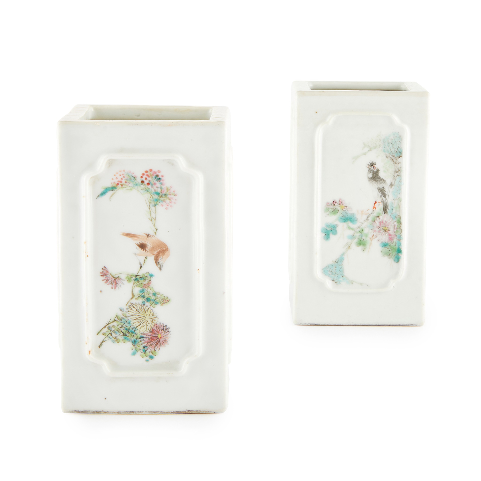 TWO QIANJIANG ENAMELED AND INSCRIBED SQUARE-SECTION BRUSH POTS