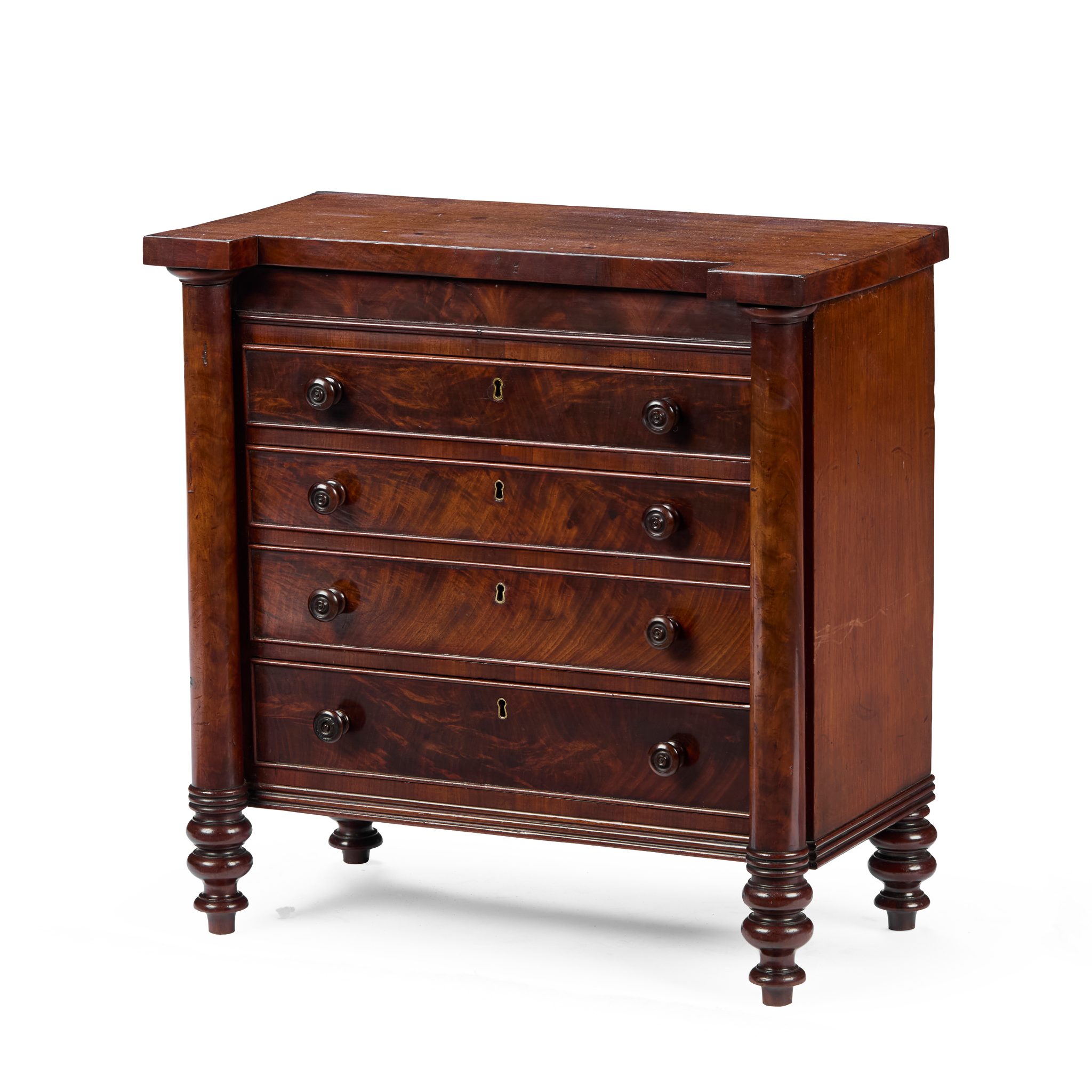 LATE REGENCY MAHOGANY MINIATURE CHEST OF DRAWERS, PROBABLY SCOTTISH