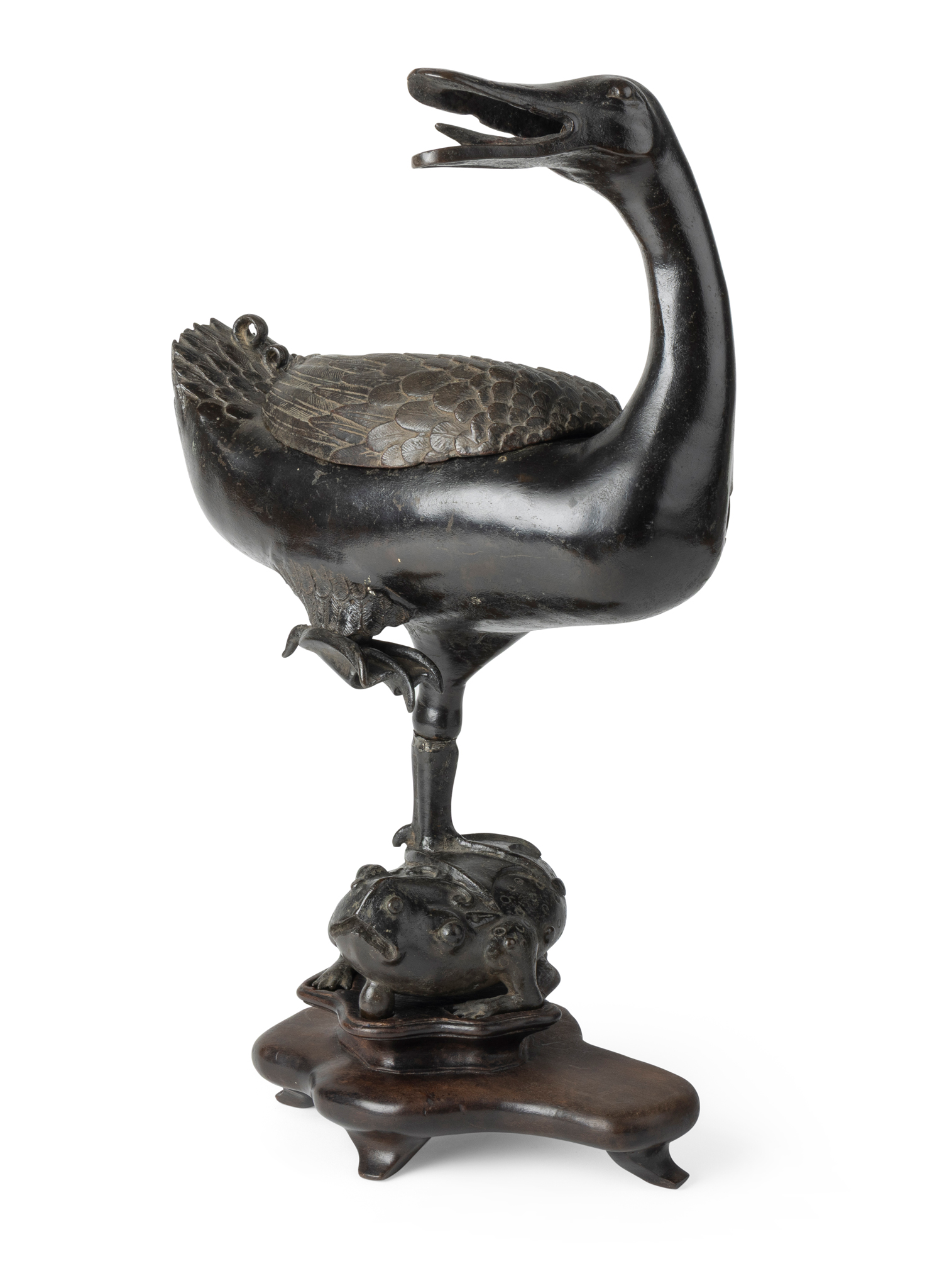 RARE CHINESE BRONZE INCENSE BURNER IN THE FORM OF A DUCK STANDING ON TOAD
