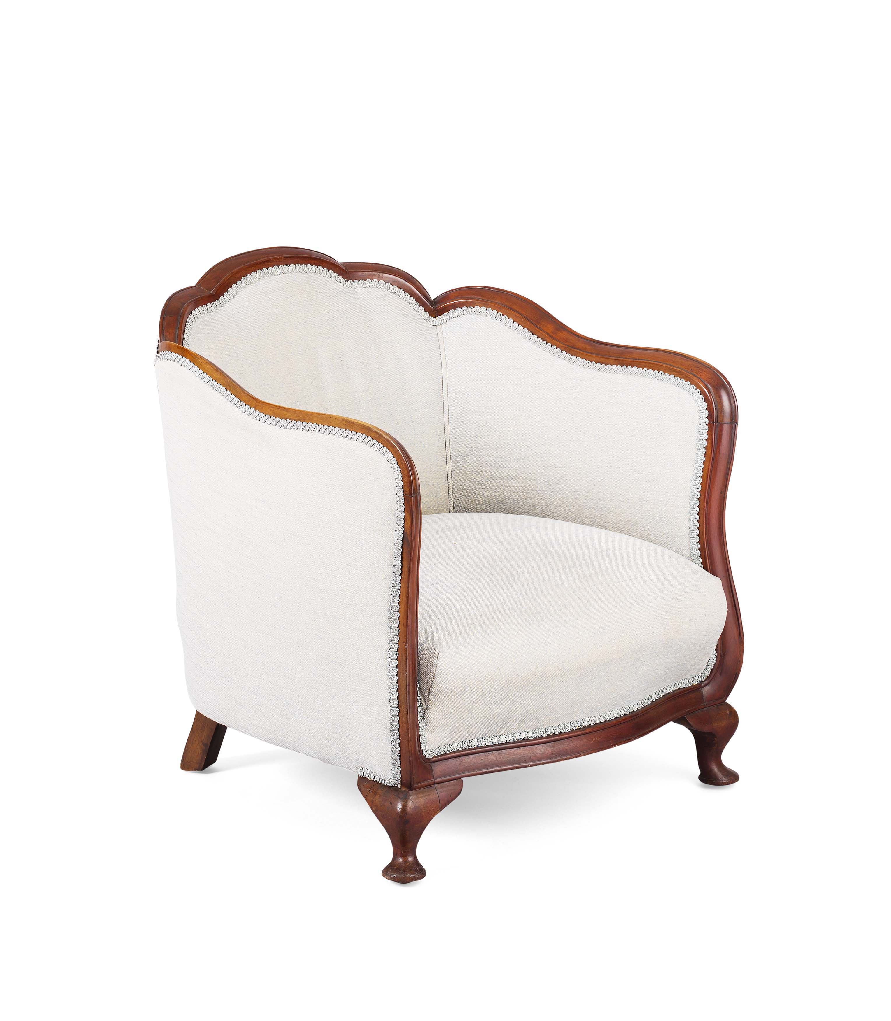 UPHOLSTERED WALNUT TUB ARMCHAIR