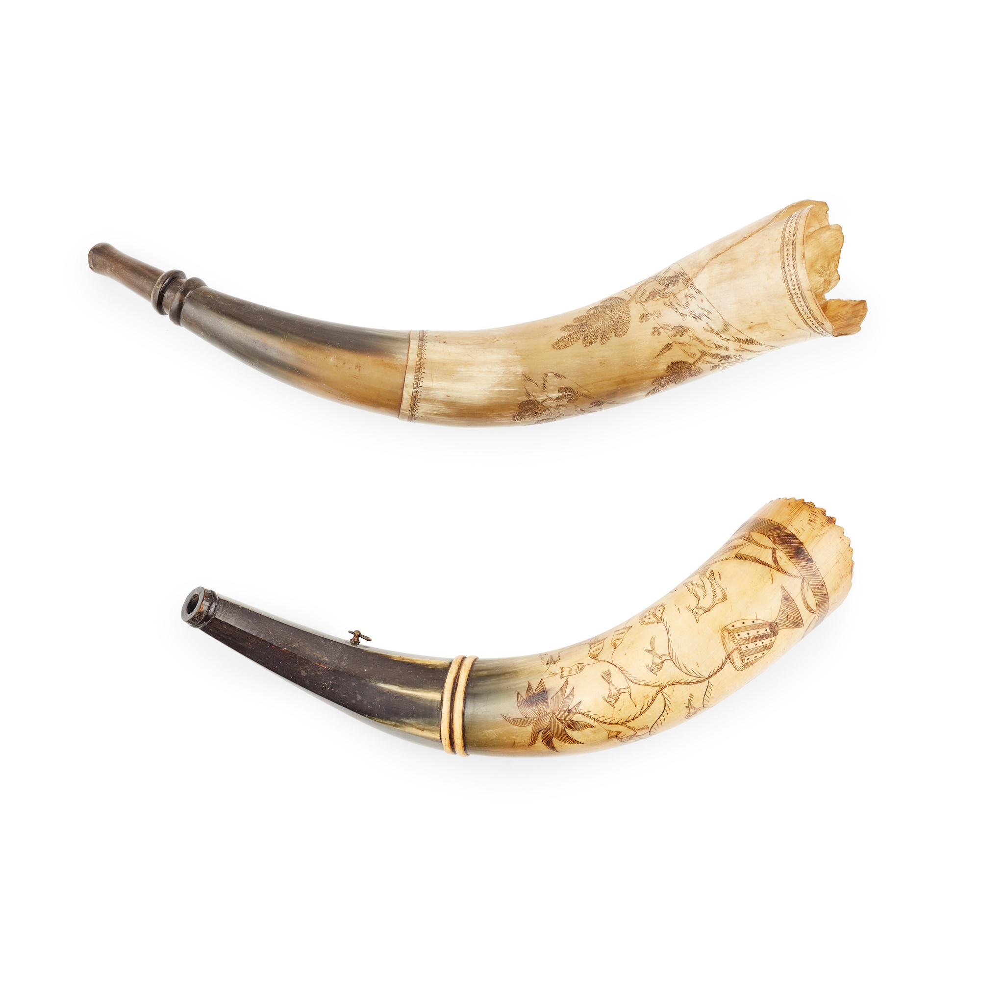 TWO ENGRAVED POWDER HORNS