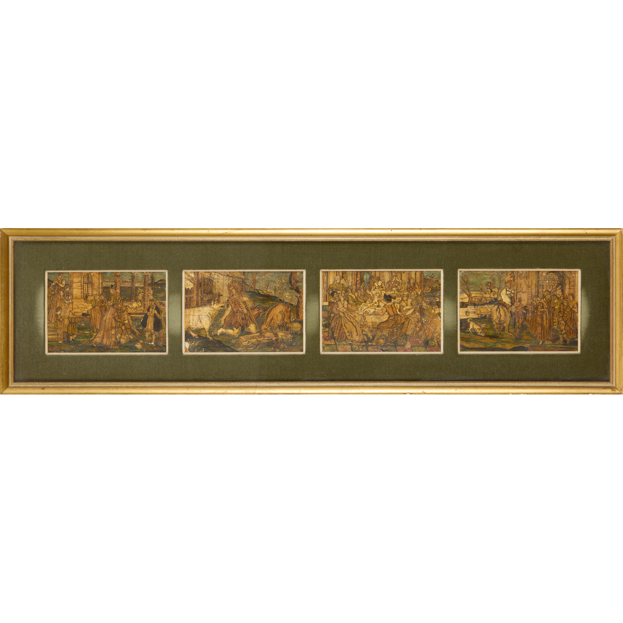 FOUR ITALIAN STRAW MARQUETRY PANELS DEPICTING THE PARABLE OF THE PRODIGAL SON
