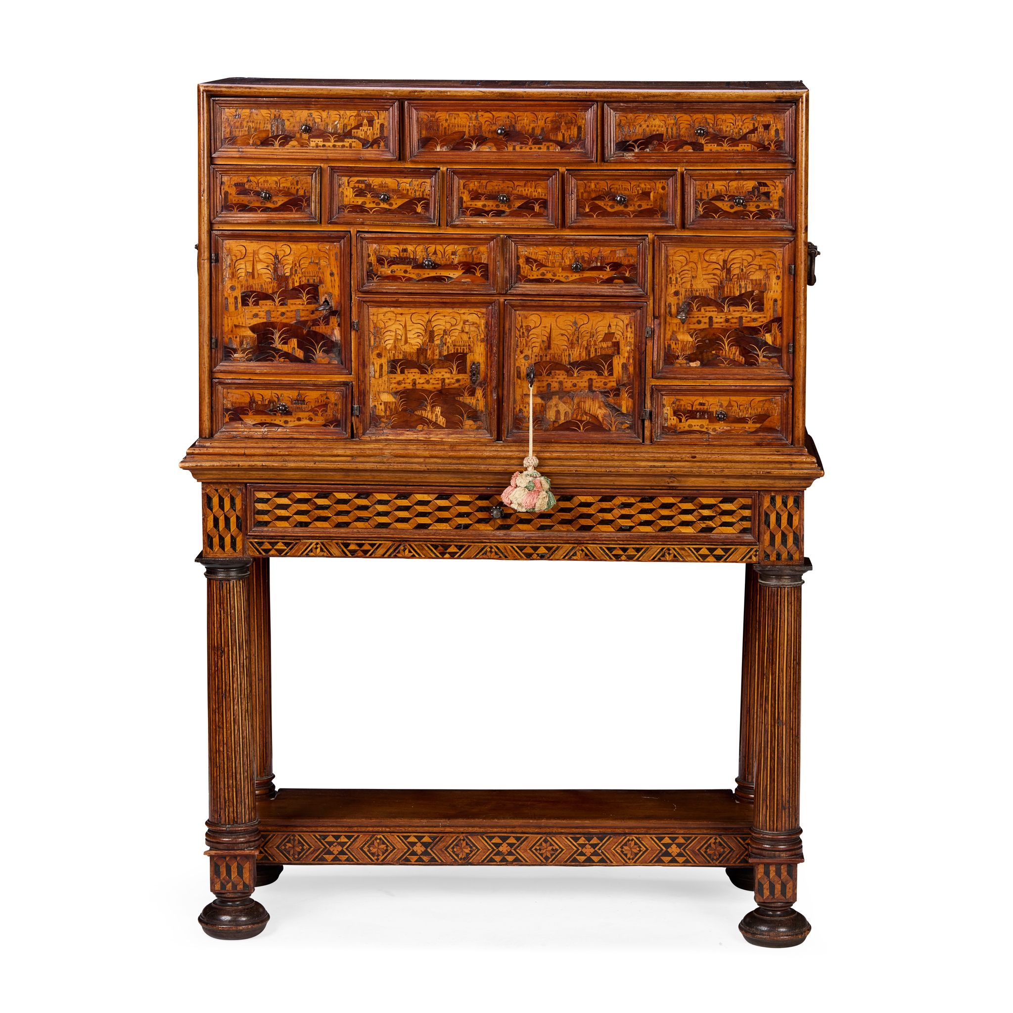 SOUTH GERMAN PINE, WALNUT, ELM, MAPLE, EBONY AND FRUITWOOD PARQUETRY AND MARQUETRY CABINET ON STAND, AFTER DESIGNS BY LORENZ STOER