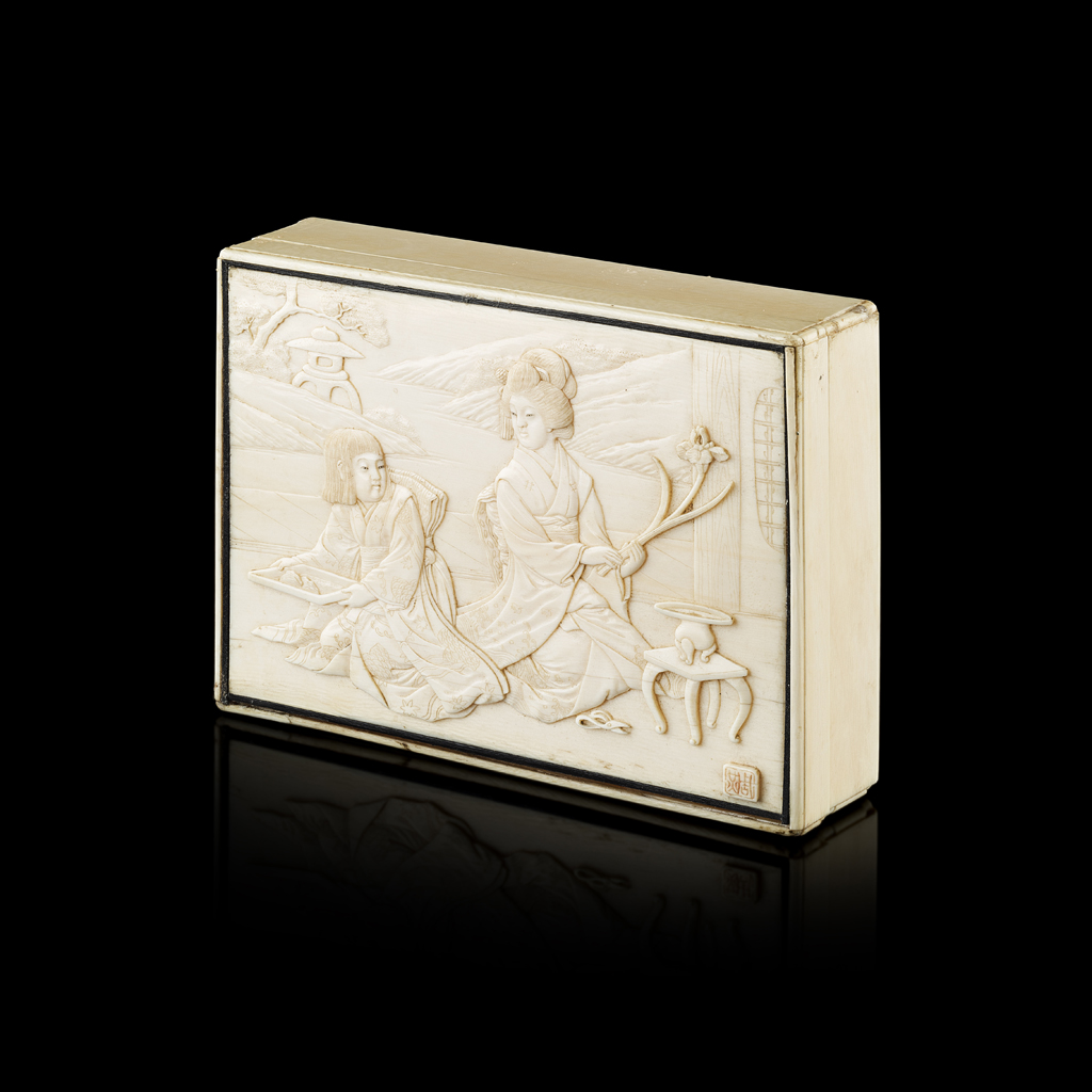 CARVED IVORY 'IKEBANA' RECTANGULAR BOX AND COVER