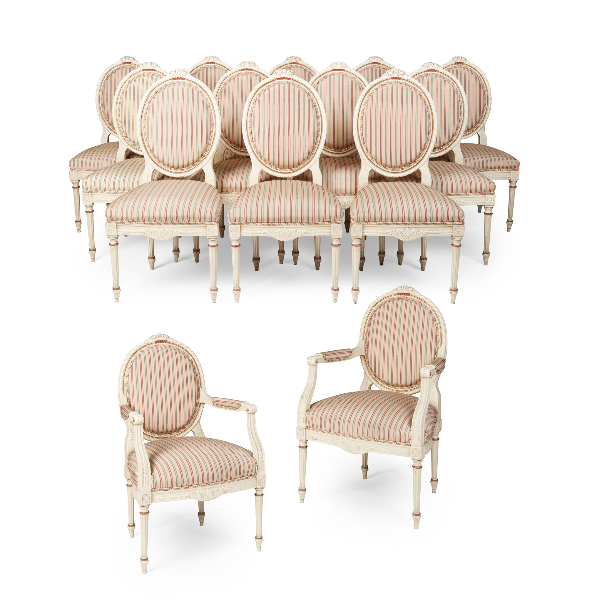 LARGE SET OF SIXTEEN LOUIS XVI STYLE CREAM AND PARCEL GILT CHAIRS