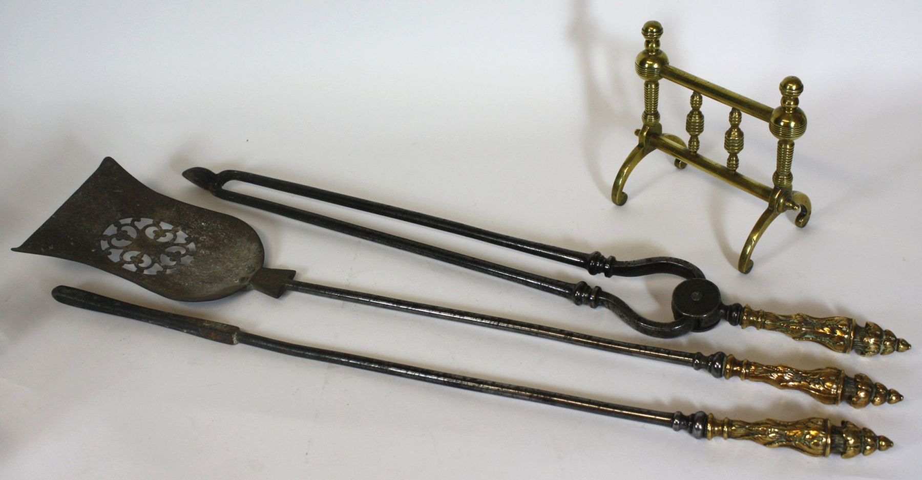 SET OF THREE STEEL AND BRASS FIRE IRONS