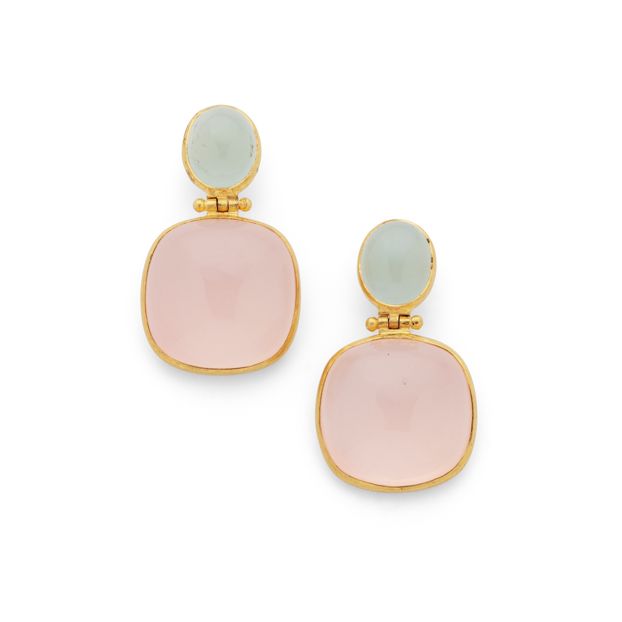 A pair of rose quartz and aquamarine earrings