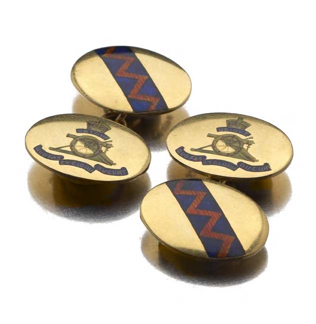 Of Regimental interest - a pair of 9ct gold enamelled cufflinks,