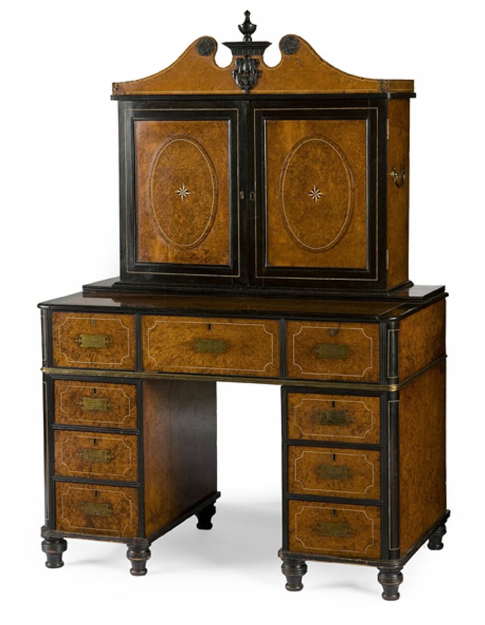 A mid 19th century Anglo-Chinese amboyna, ebony and ivory inlaid writing cabinet