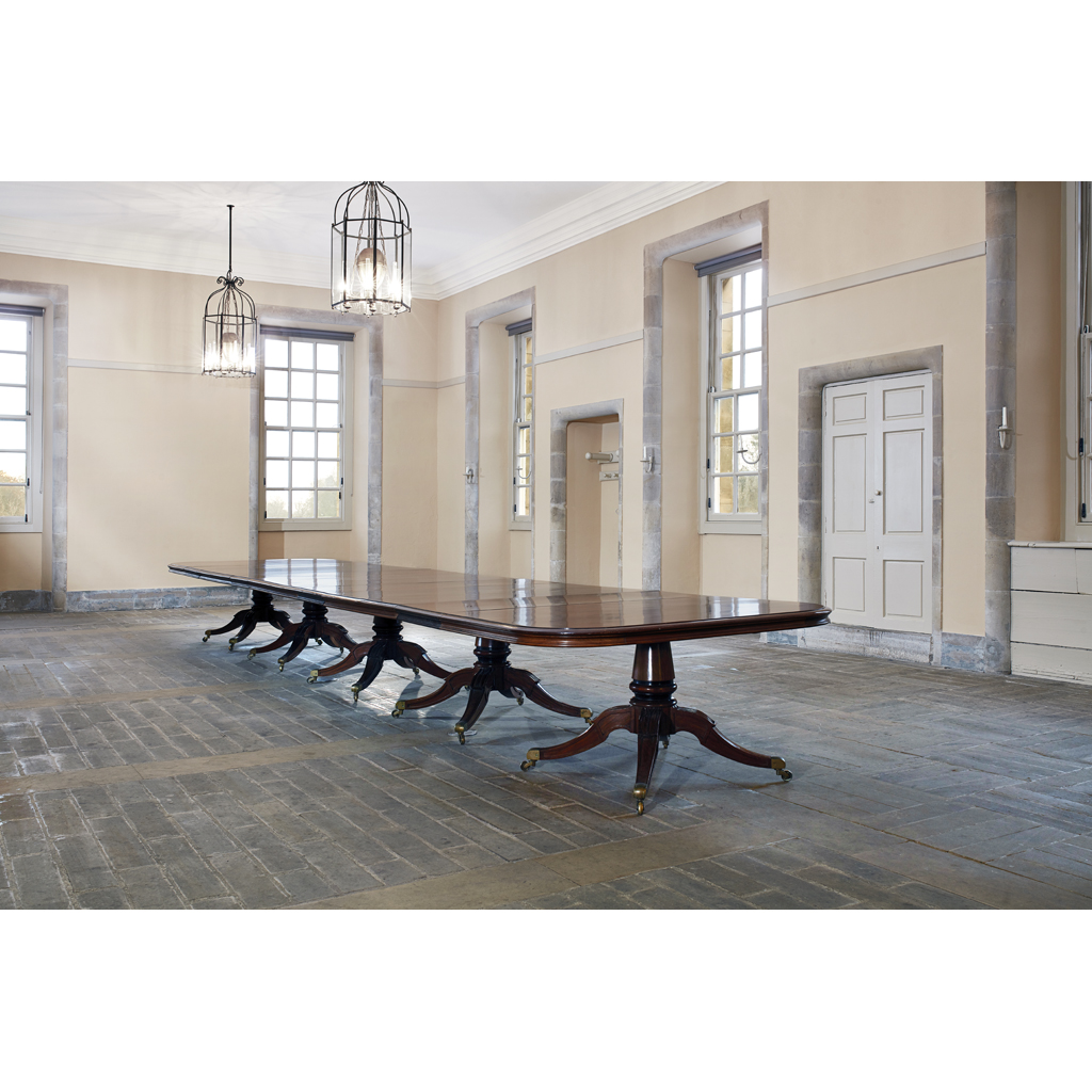 LATE GEORGIAN MAHOGANY FIVE PEDESTAL DINING TABLE