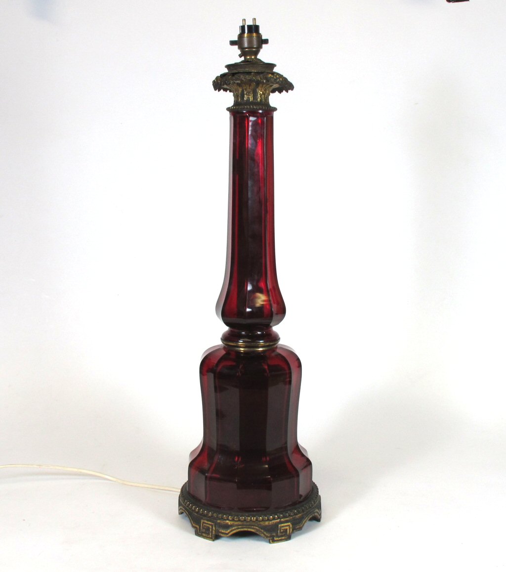 VICTORIAN RUBY GLASS AND LACQUERED BRASS LAMP