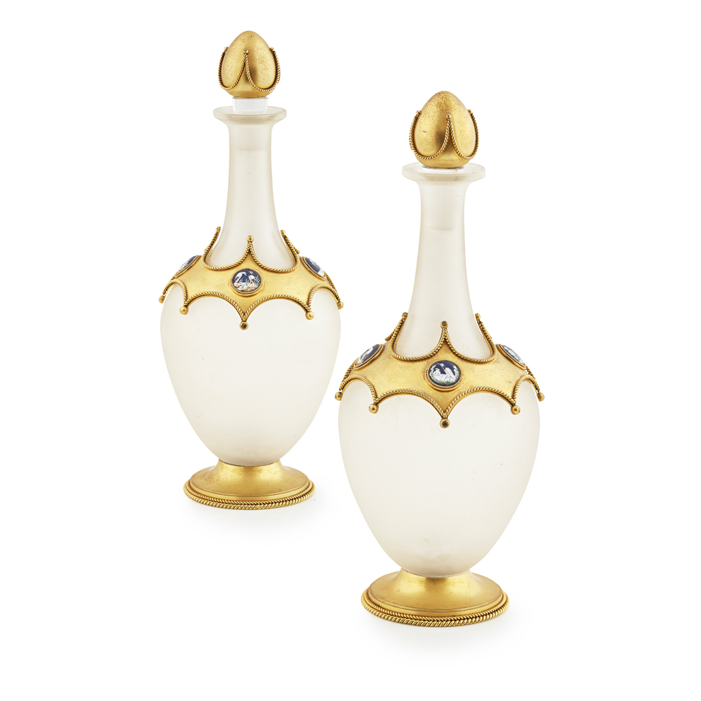 PAIR OF GILT METAL AND PORCELAIN MOUNTED FROSTED GLASS DECANTERS
