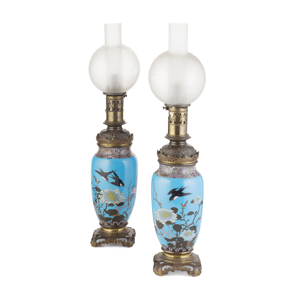 PAIR OF CLOISONNÉ ENAMEL VASES AS OIL LAMPS