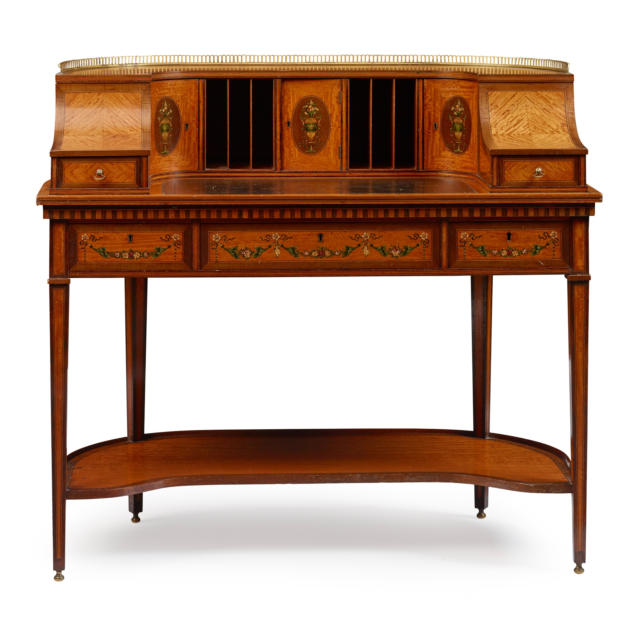 LATE VICTORIAN PAINTED SATINWOOD AND MAHOGANY CARLTON HOUSE DESK