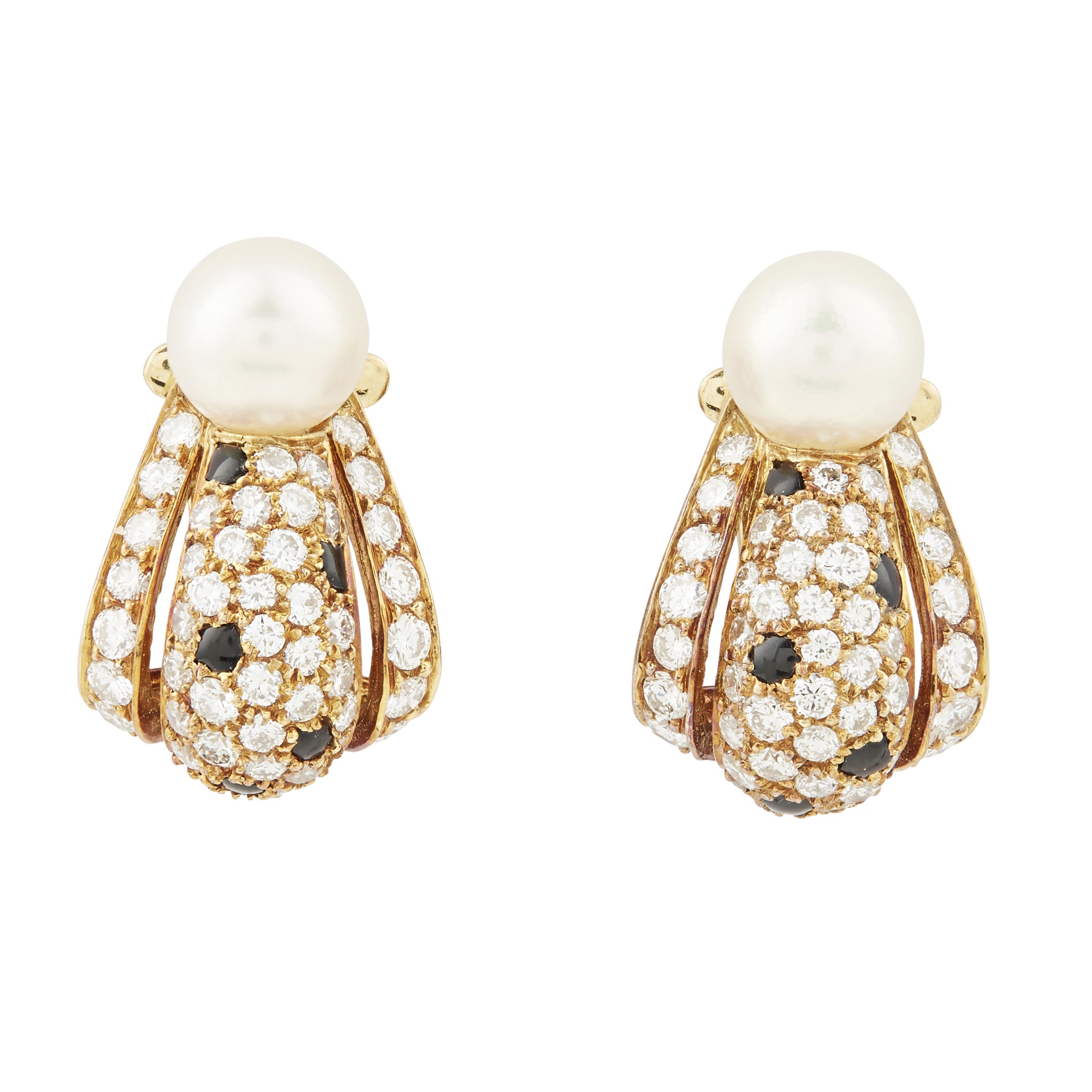 A pair of diamond, onyx and pearl set earrings, Cartier