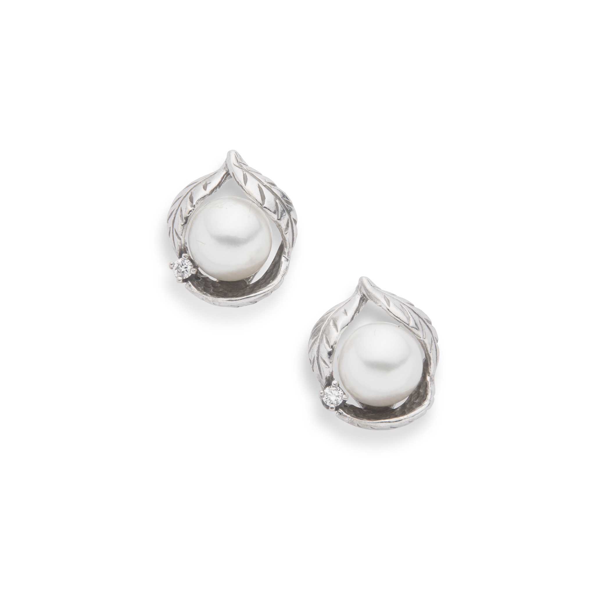A pair of cultured pearl and diamond stud earrings