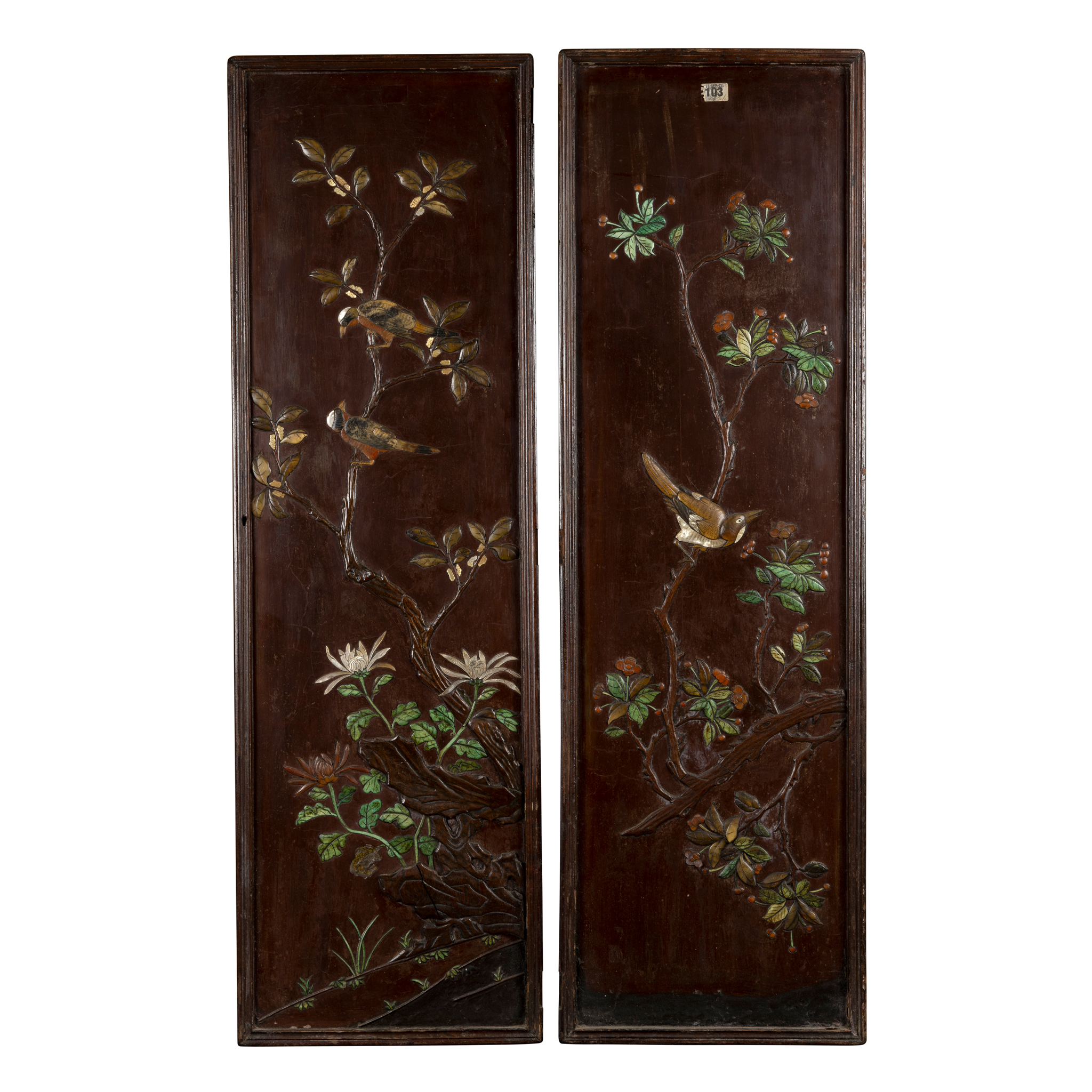 PAIR OF CHINESE HARDSTONE AND MOTHER-OF-PEARL INLAID PANELS