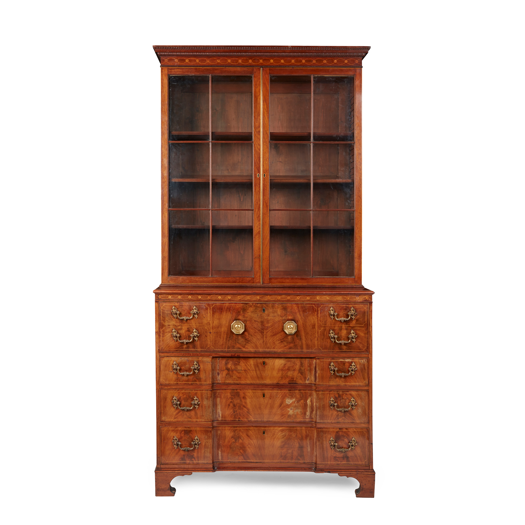 GEORGE III MAHOGANY AND MARQUETRY SECRETAIRE BOOKCASE
