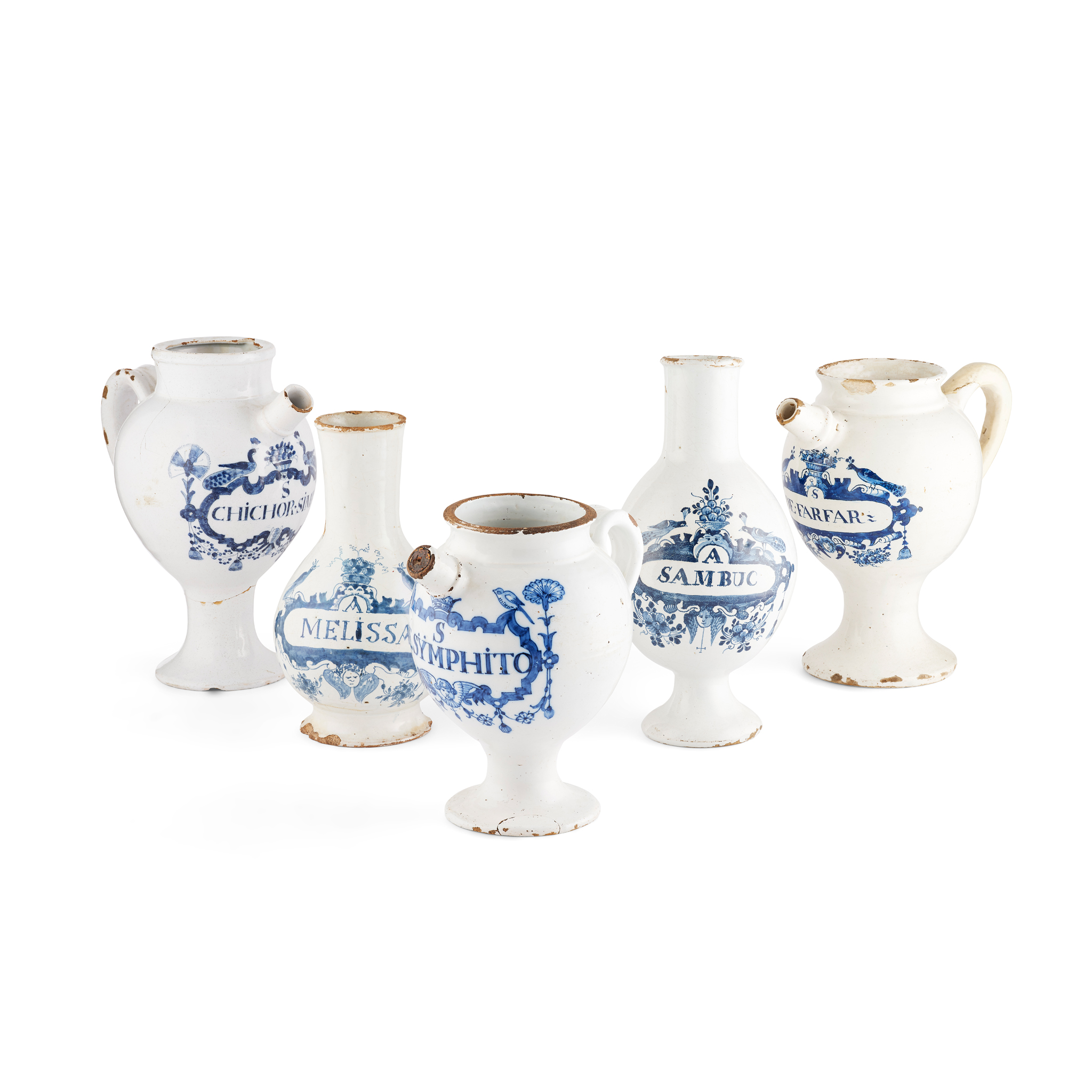 FIVE DELFT WET DRUG JARS