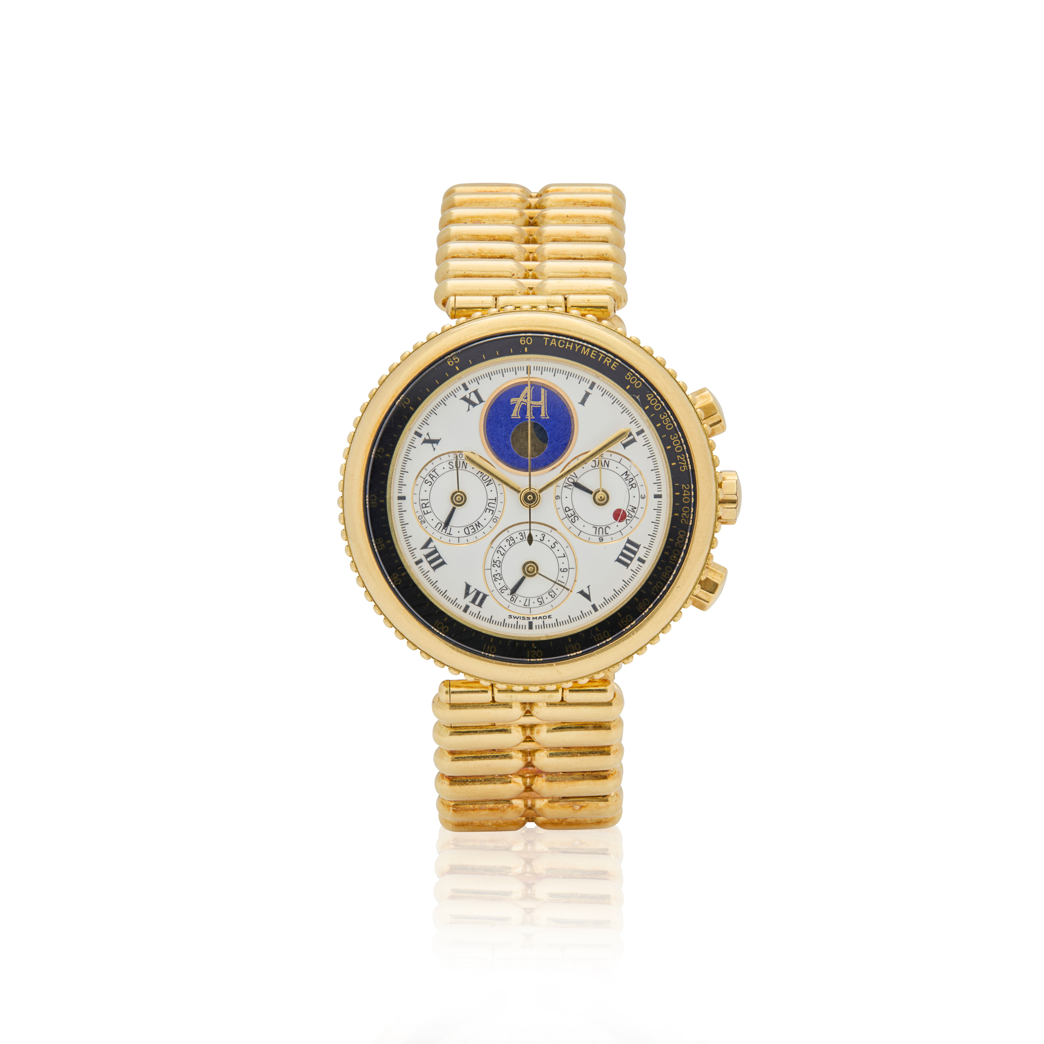 Gerald Genta. A rare 18k gold and lapis lazuli quartz perpetual calendar chronograph bracelet watch