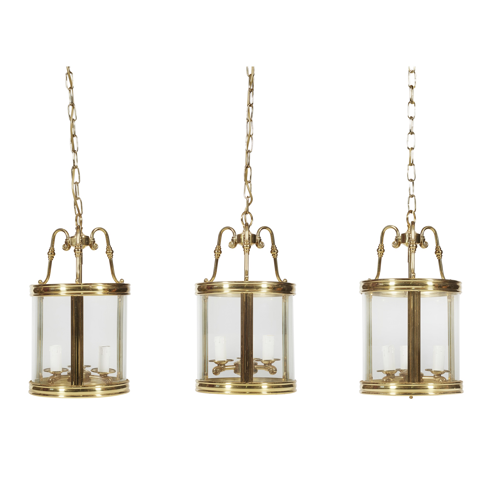 THREE GEORGIAN STYLE LACQUERED BRASS HALL LANTERNS