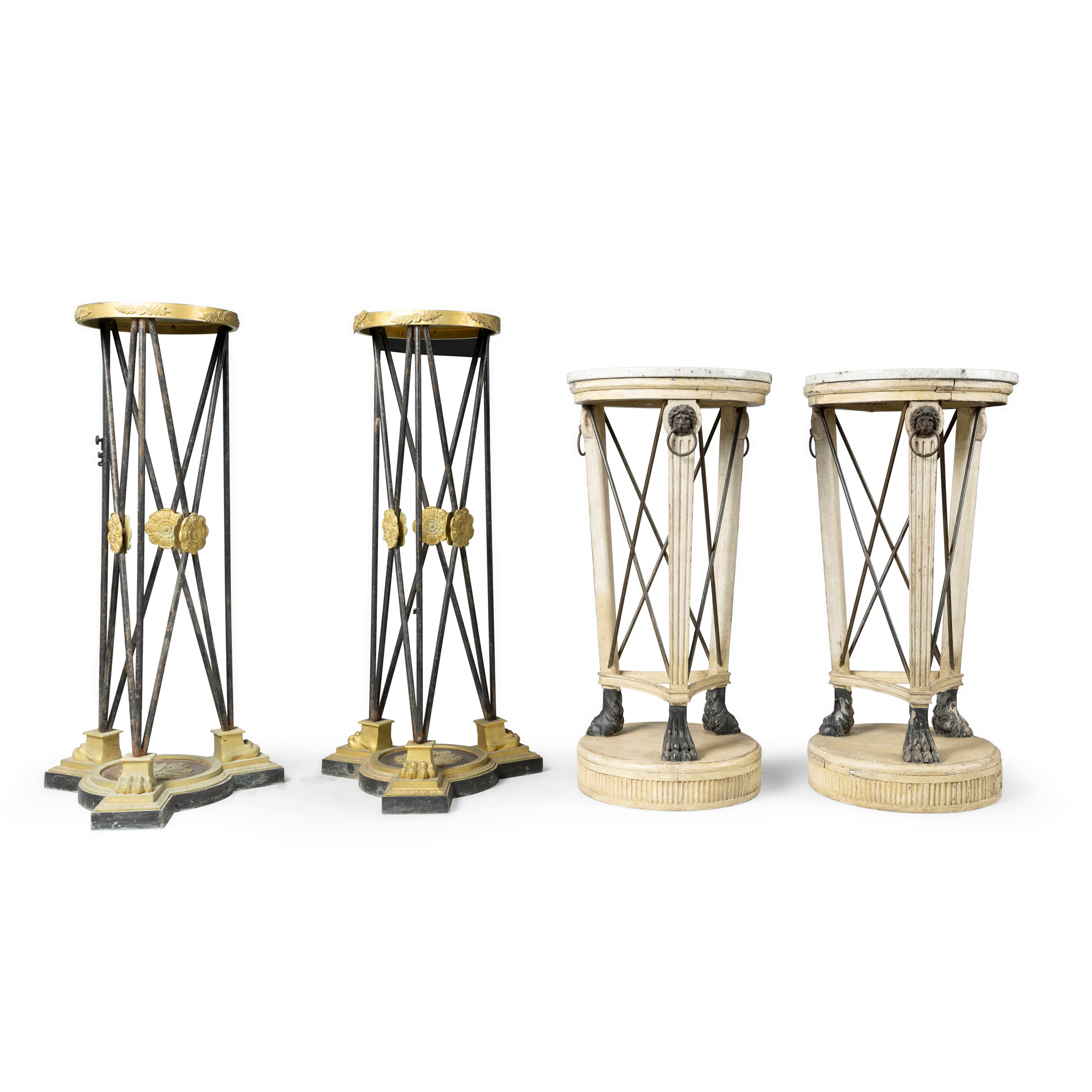 A PAIR OF CREAM PAINTED, EBONISED AND BRONZE MOUNTED PLINTHS