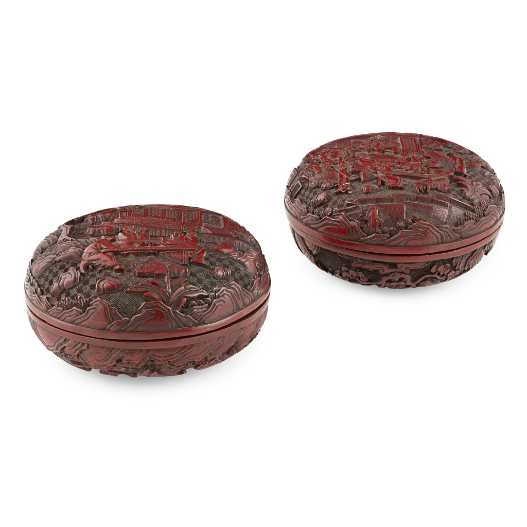 PAIR OF CINNABAR LACQUER CIRCULAR BOXES