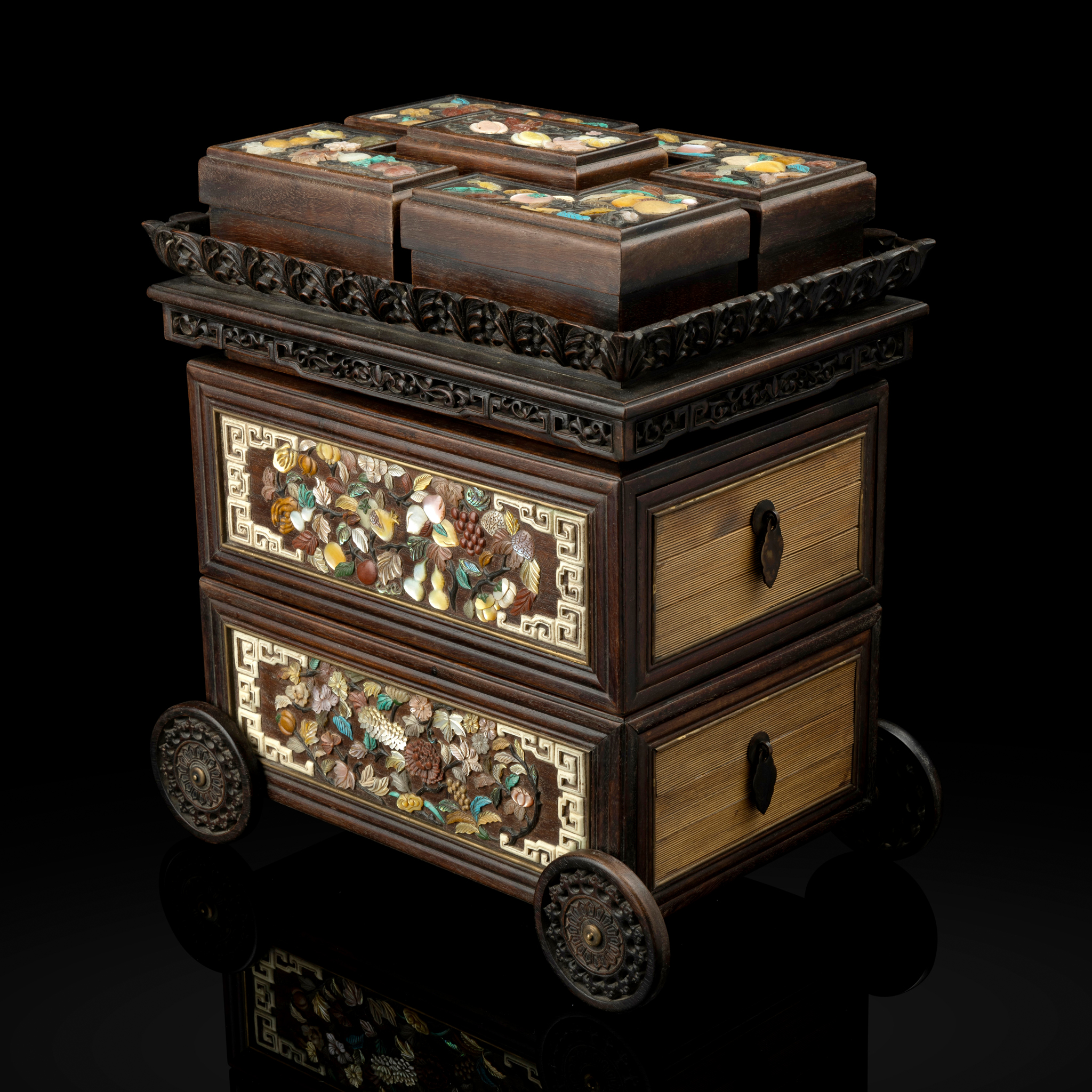 RARE CHINESE BONE, MOTHER-OF-PEARL AND STONE-INLAID HARDWOOD CARRIAGE TIERED BOX AND COVER