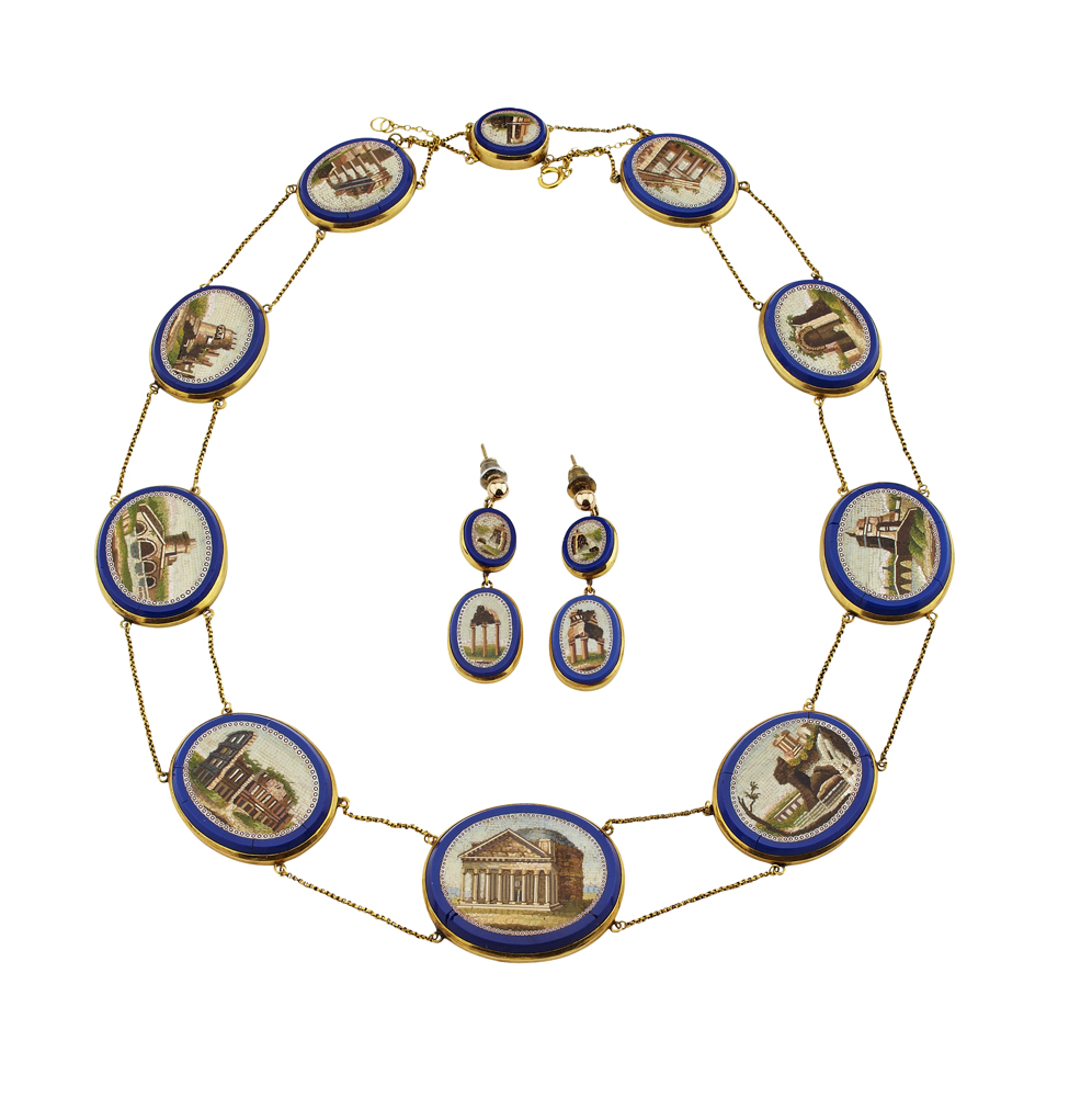 A 19th century gold mounted Roman micro mosaic demi parure