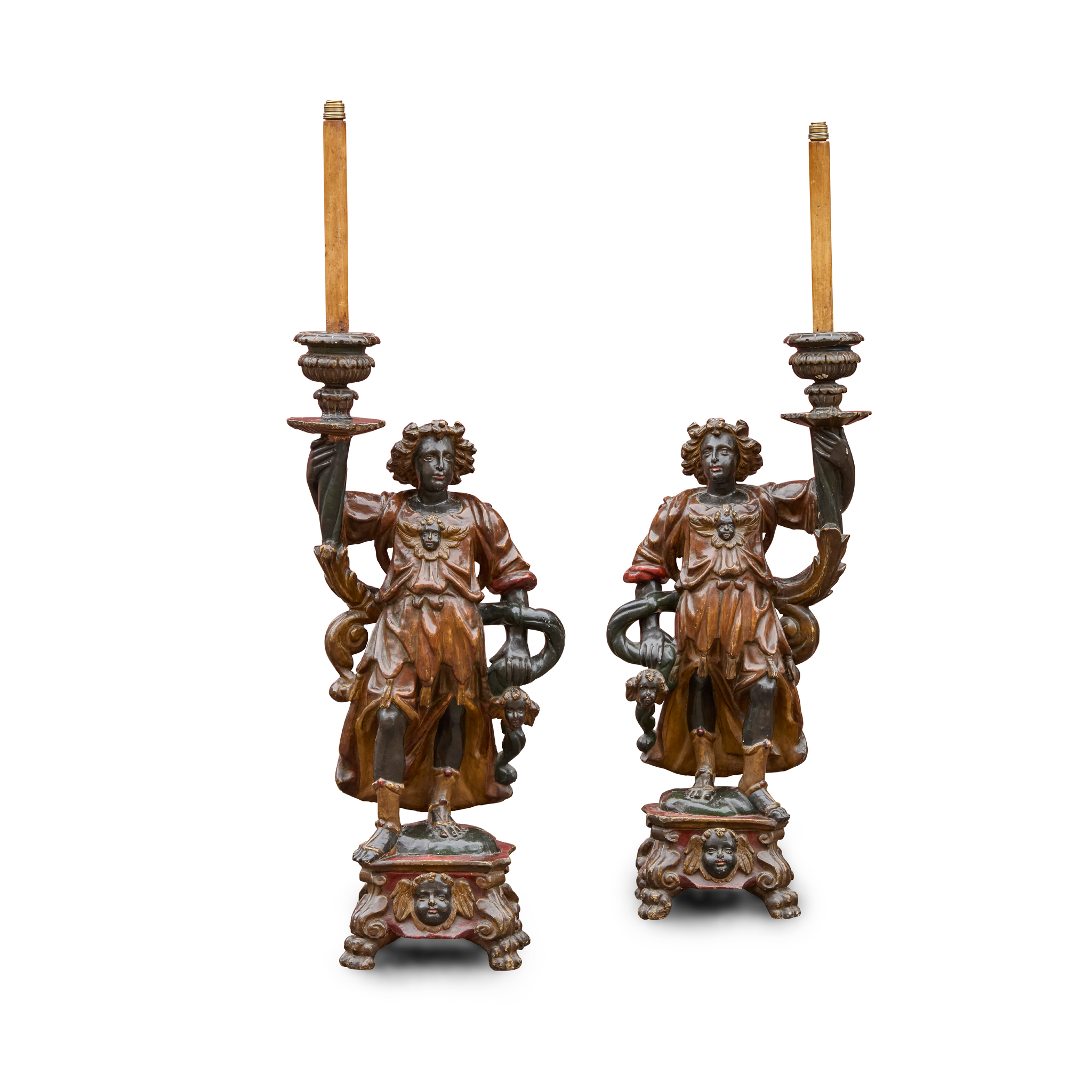 PAIR OF VENETIAN CARVED WOOD AND GESSO POLYCHROMED FIGURAL TORCHERES
