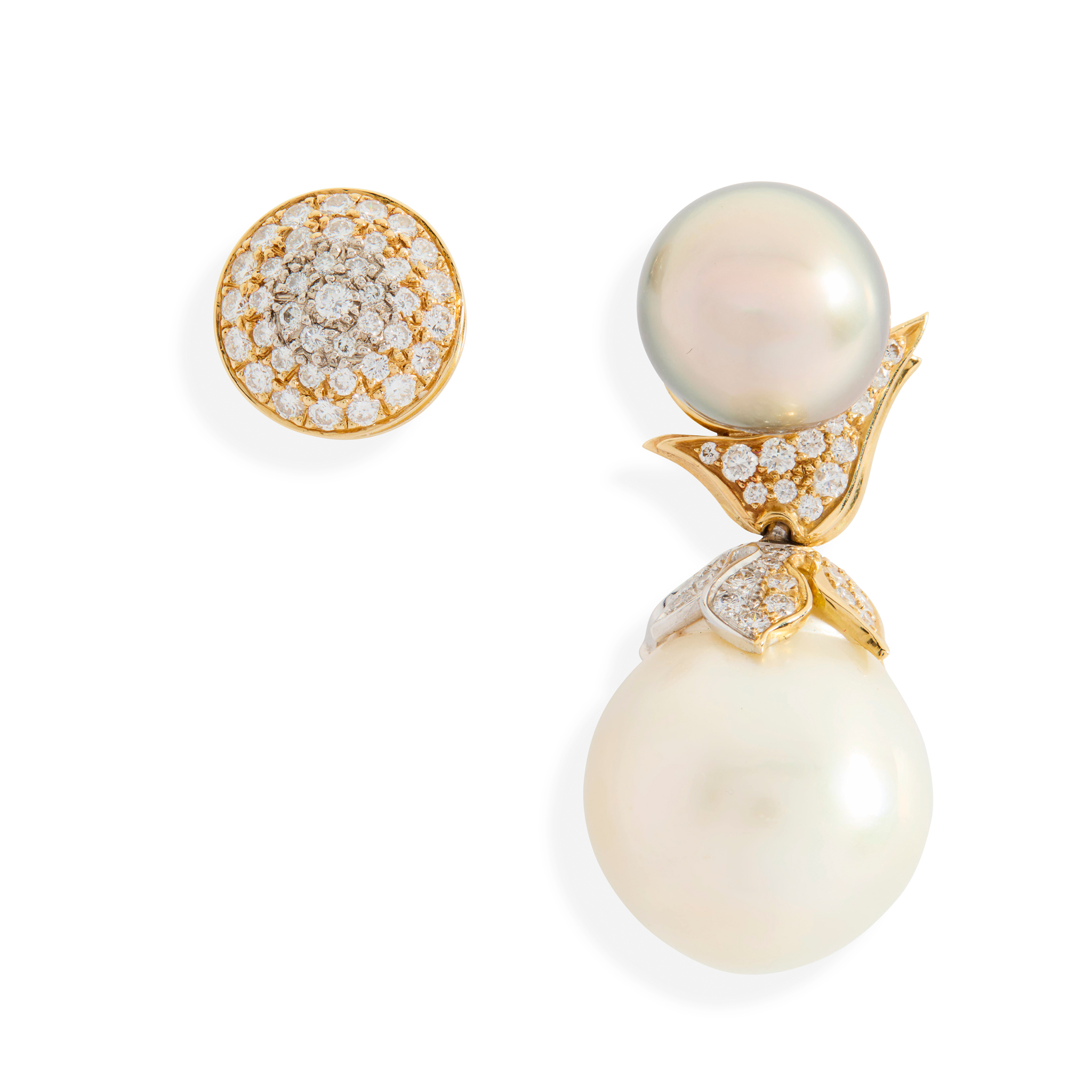Attributed to Peter Plöderl: A pair of asymmetric diamond and pearl earrings