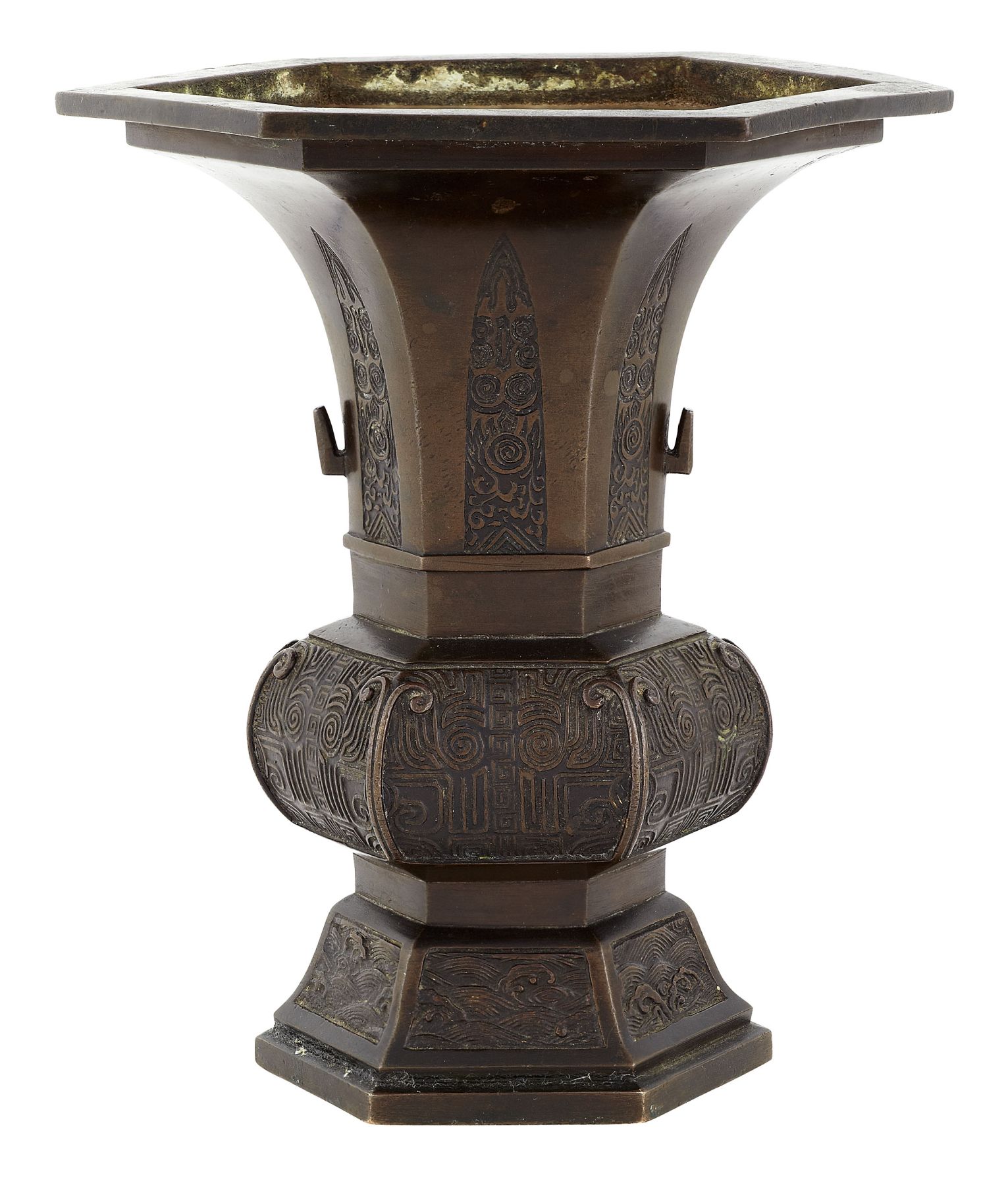 SMALL CHINESE BRONZE HEXAGONAL VASE