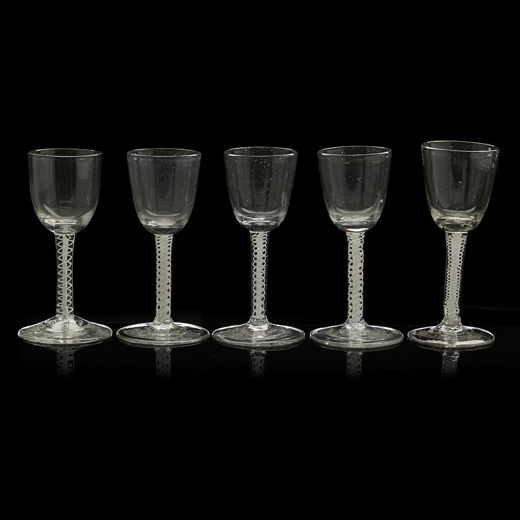 FIVE GEORGIAN OPAQUE TWIST-STEM WINE GLASSES