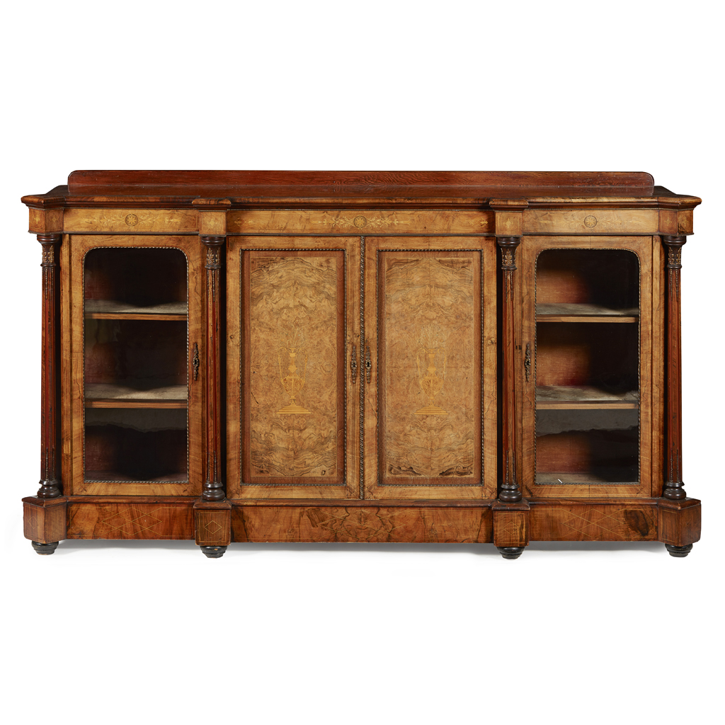 VICTORIAN WALNUT, MAHOGANY AND MARQUETRY CREDENZA