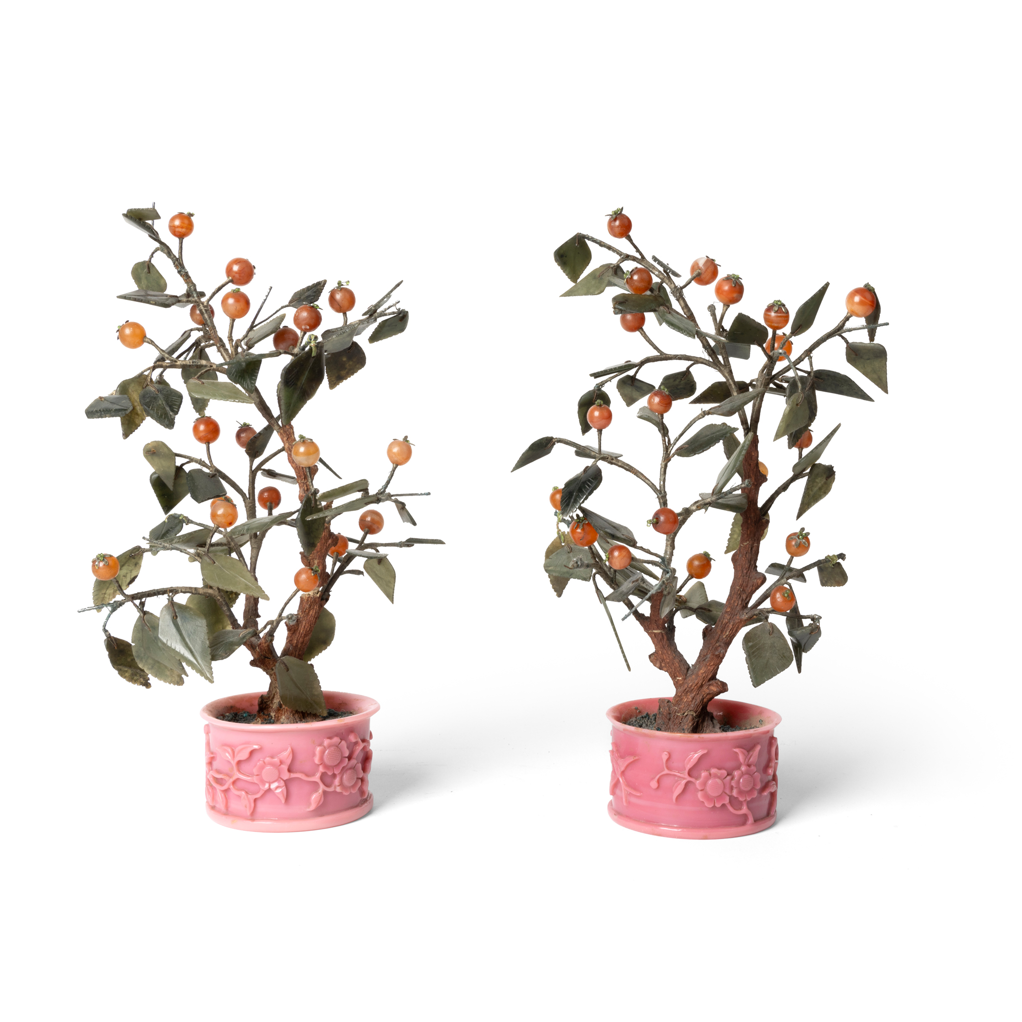 PAIR OF CHINESE HARDSTONE TREES IN PINK PEKING GLASS JARDINIERES