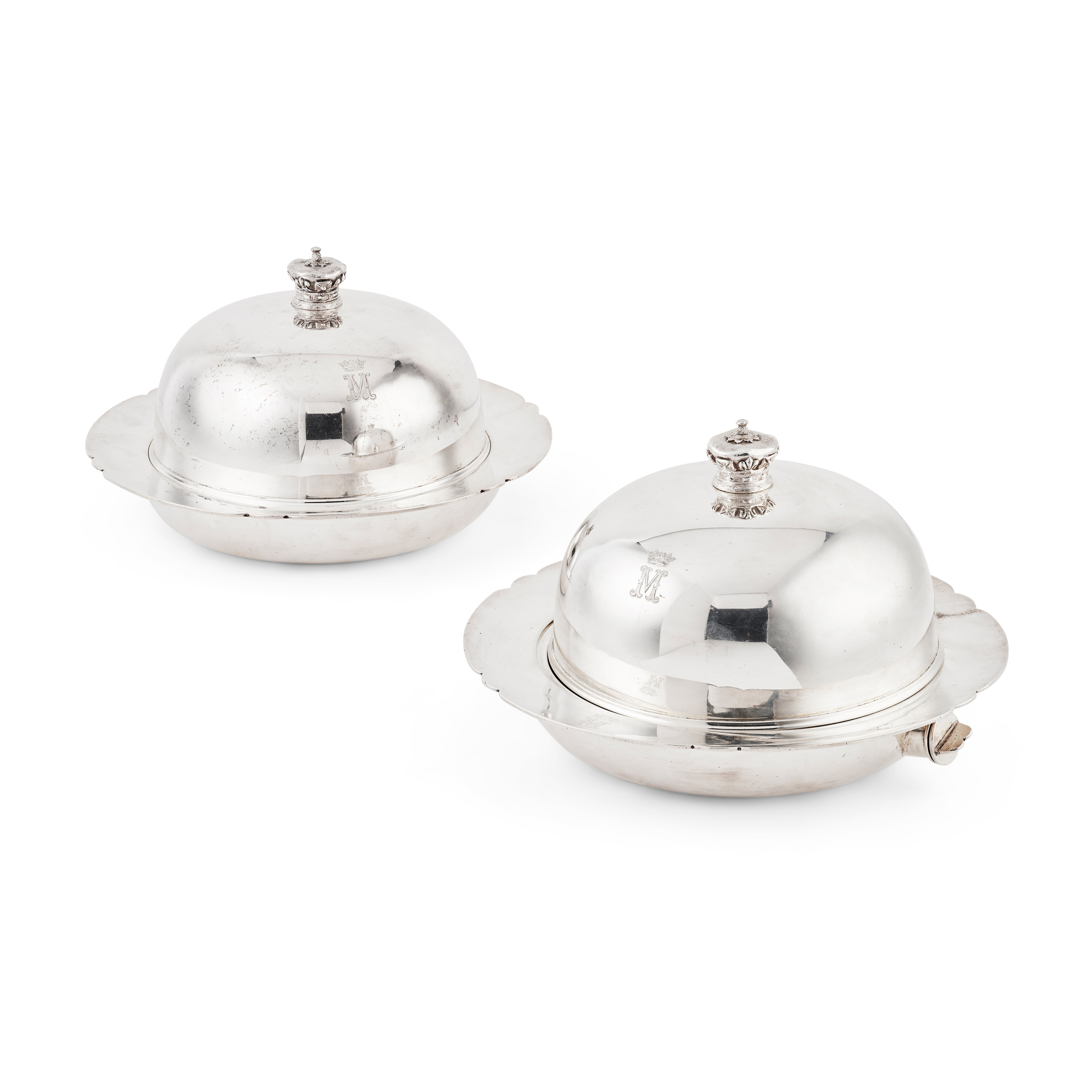 A PAIR OF 1920s MUFFIN DISHES FOR THE WEDDING OF H.R.H. THE PRINCESS MARY, COUNTESS OF HAREWOOD